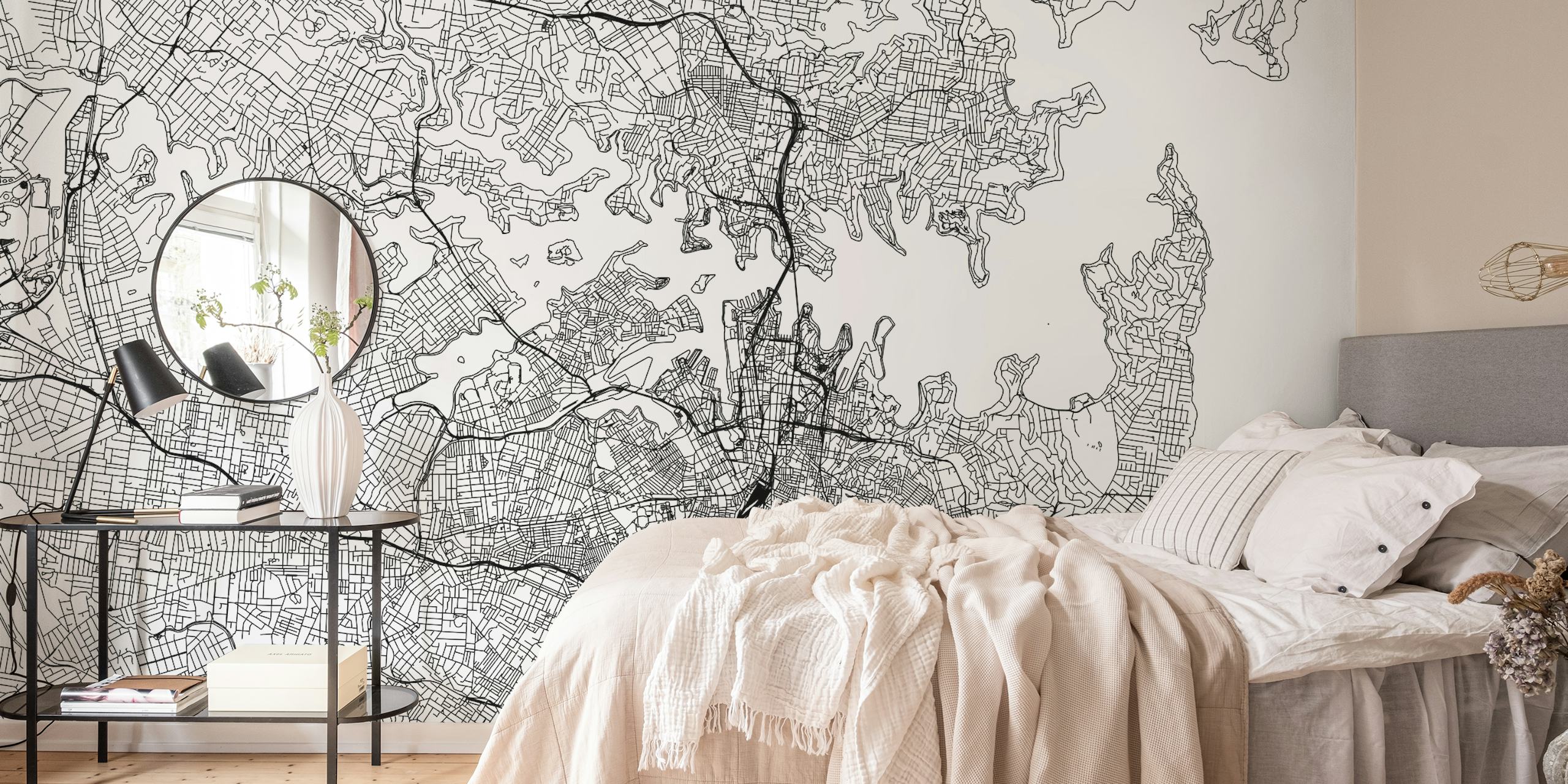 Papel de parede preto e branco Sydney Map em um quarto
