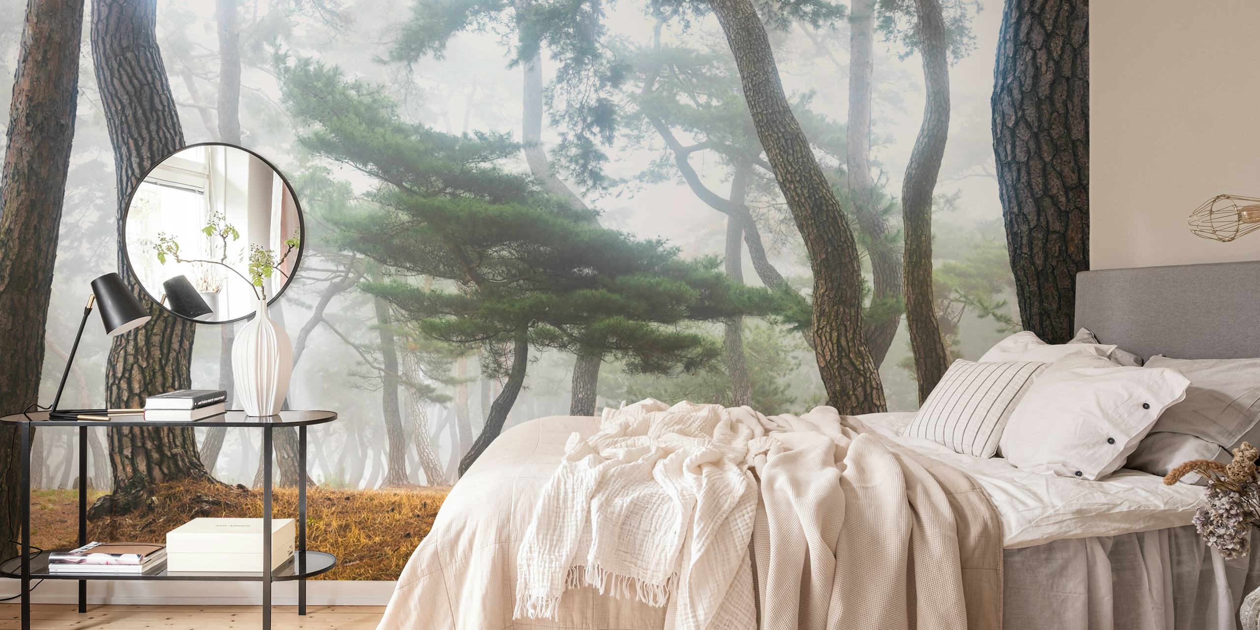 Misty forest wall mural depicting tall pine trees surrounded by a soft fog