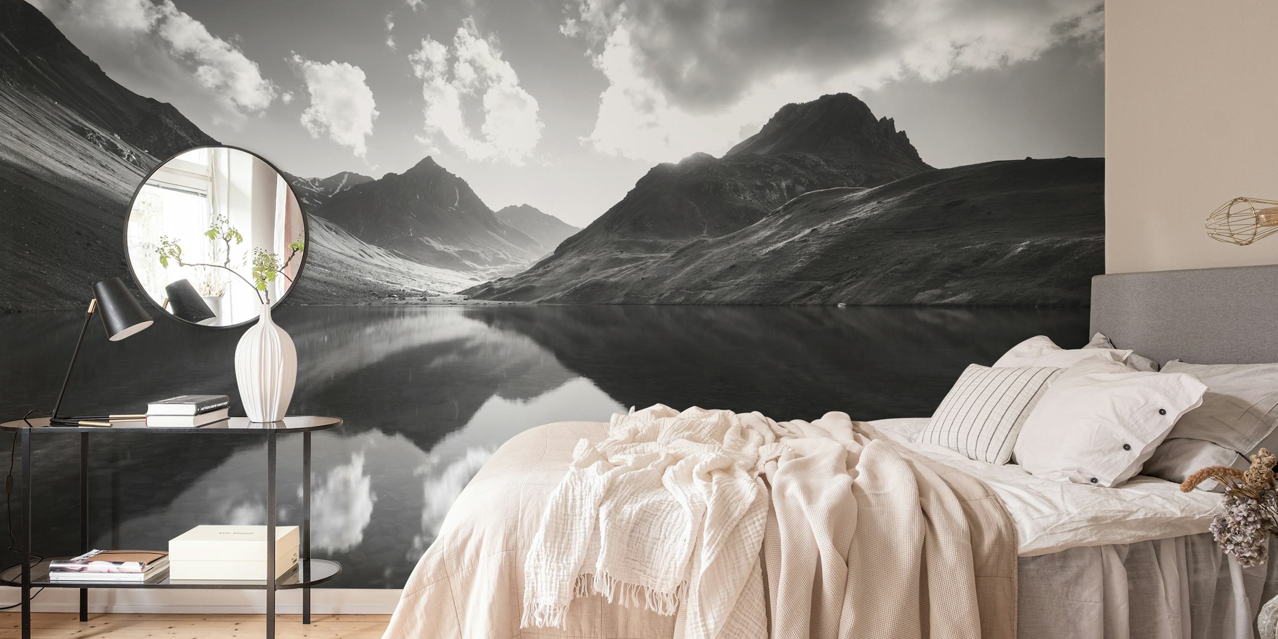 Black and white mountain landscape with reflections wallpaper