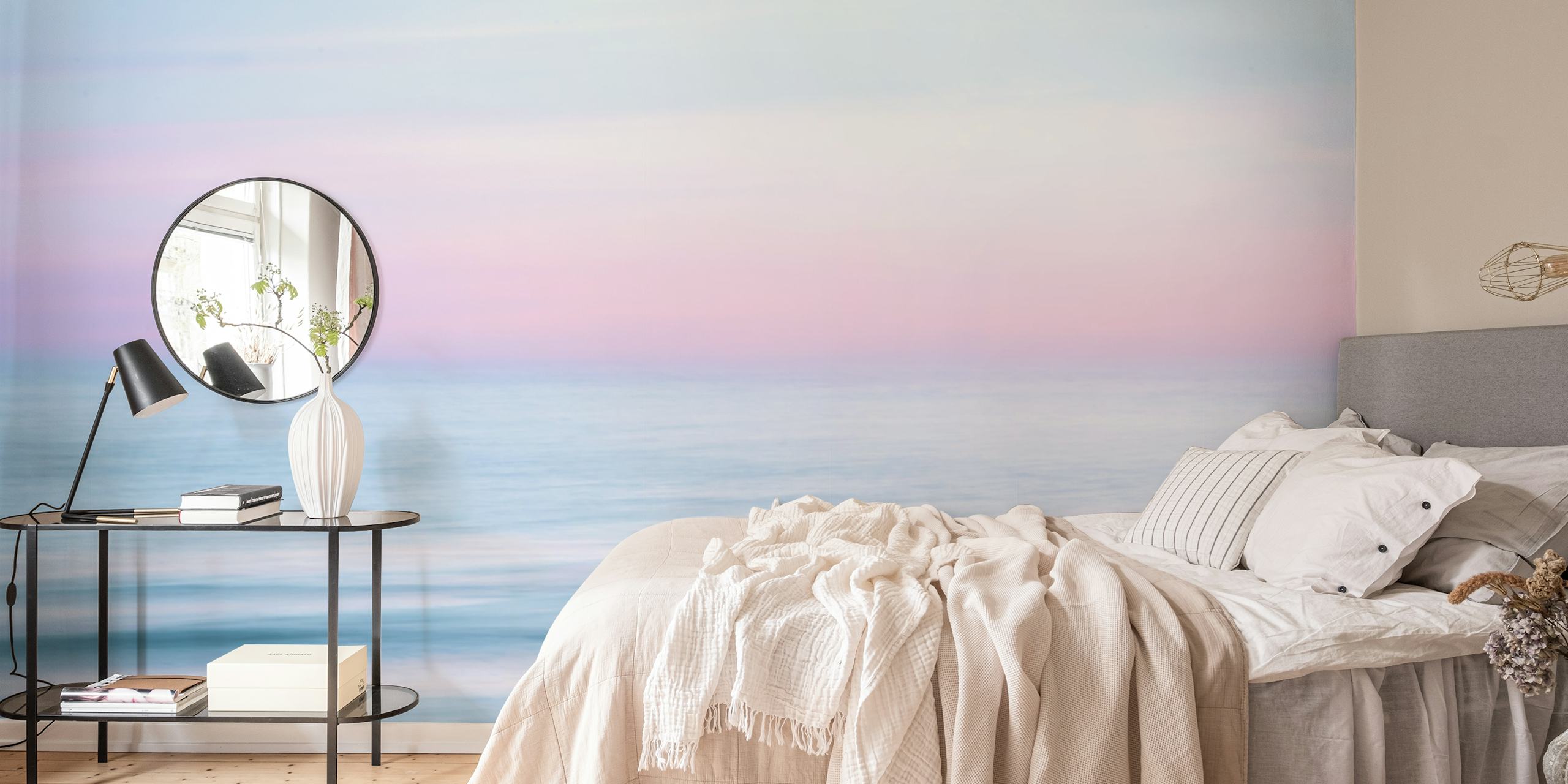 Blurred ocean and sky wallpaper in a room