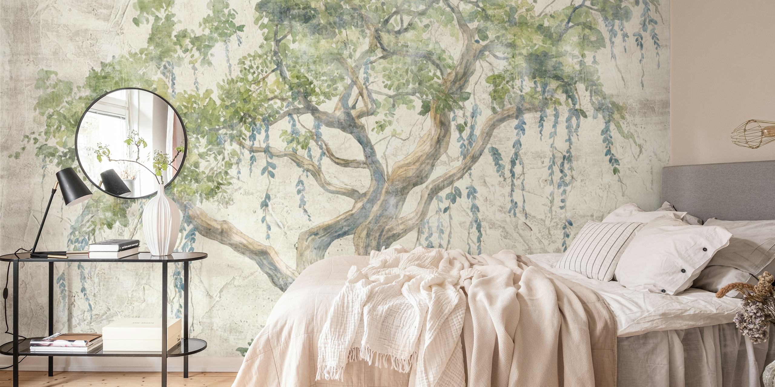 Lush green tree mural with grey background wallpaper