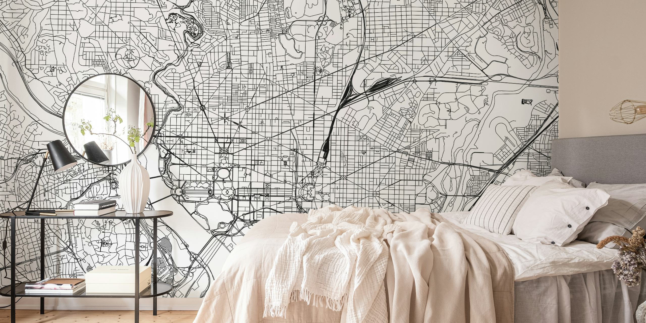 Black and white Washington DC map wallpaper with urban patterns.