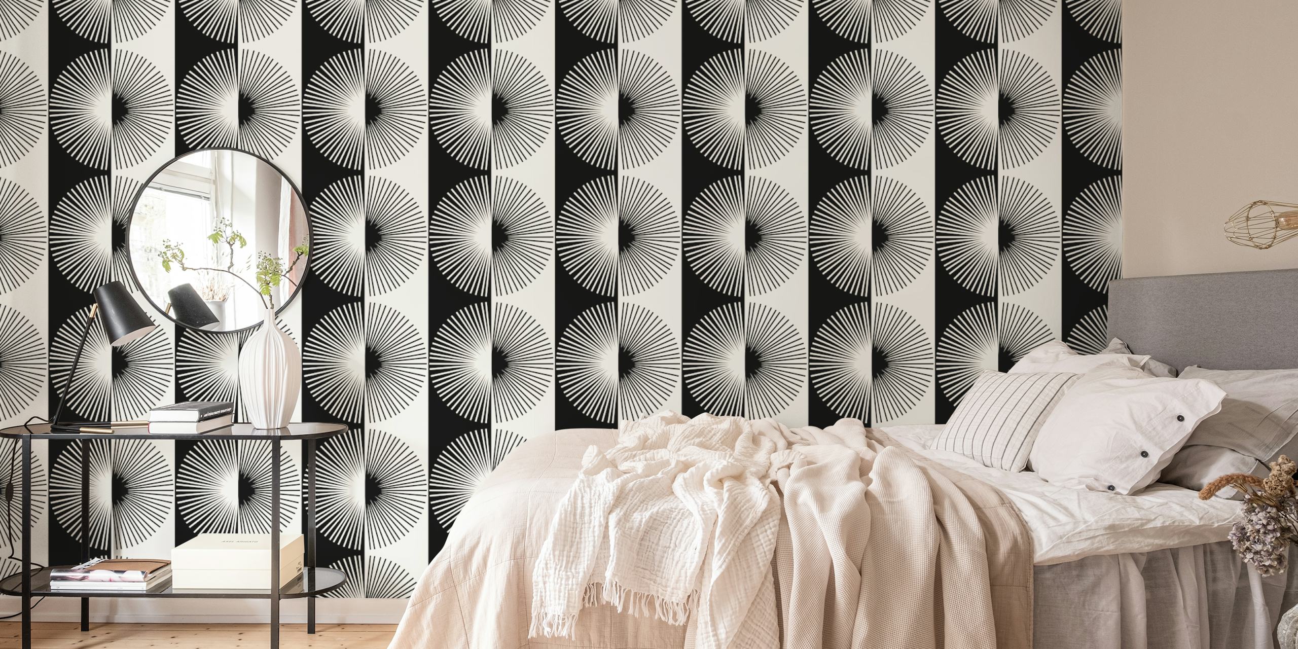 Black and white geometric pattern wallpaper with circular designs