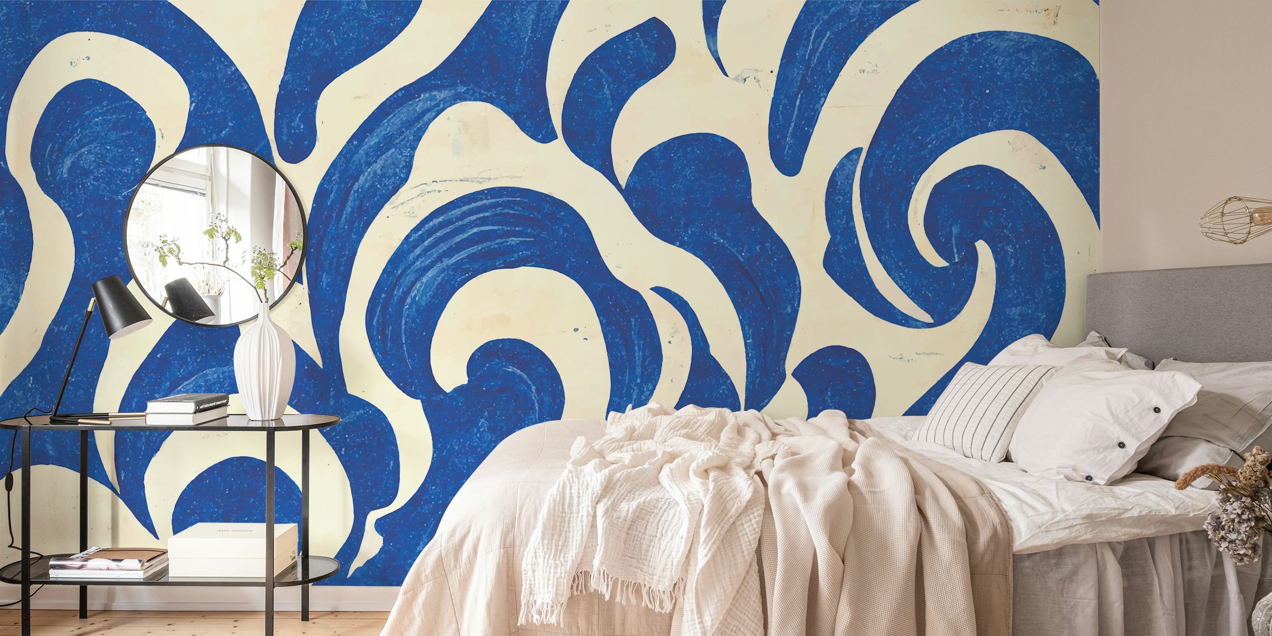 Abstract blue waves on cream background wallpaper