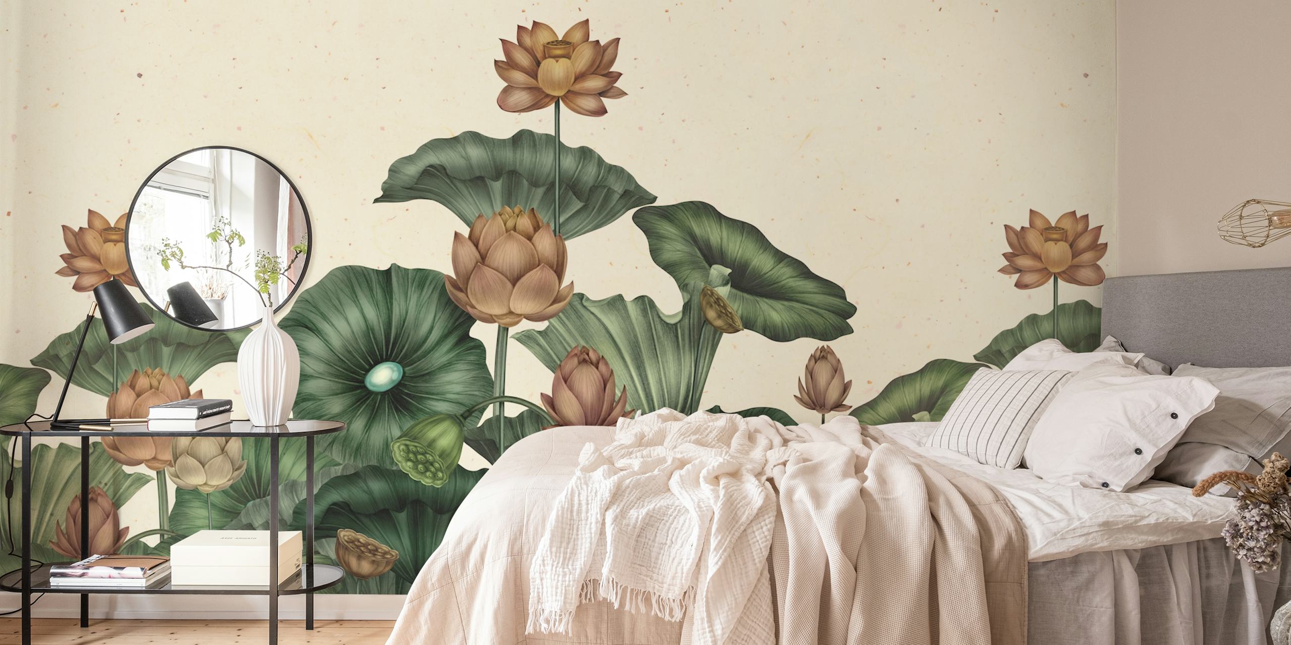 Papel de parede Zen Lotus Botanical Escape em um quarto