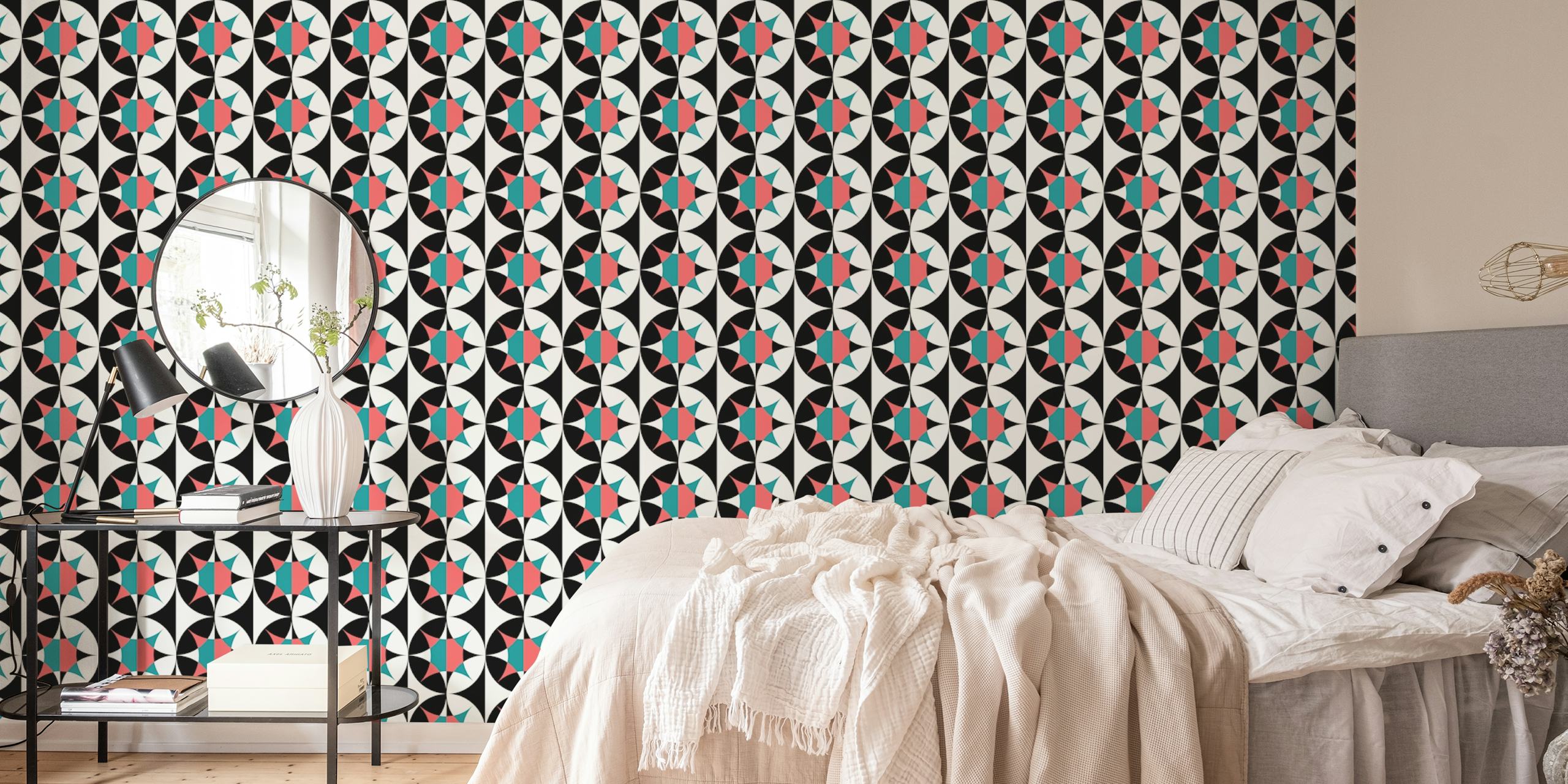 Papel de parede Retro Geometric Delight em um quarto moderno