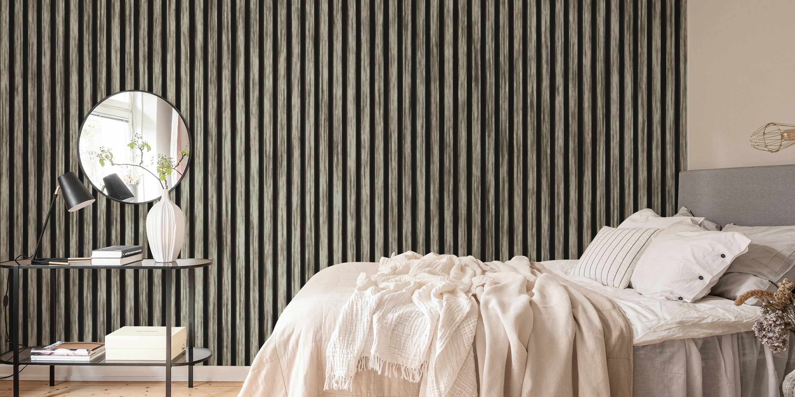 Rustic timber slats in black and white pattern wallpaper