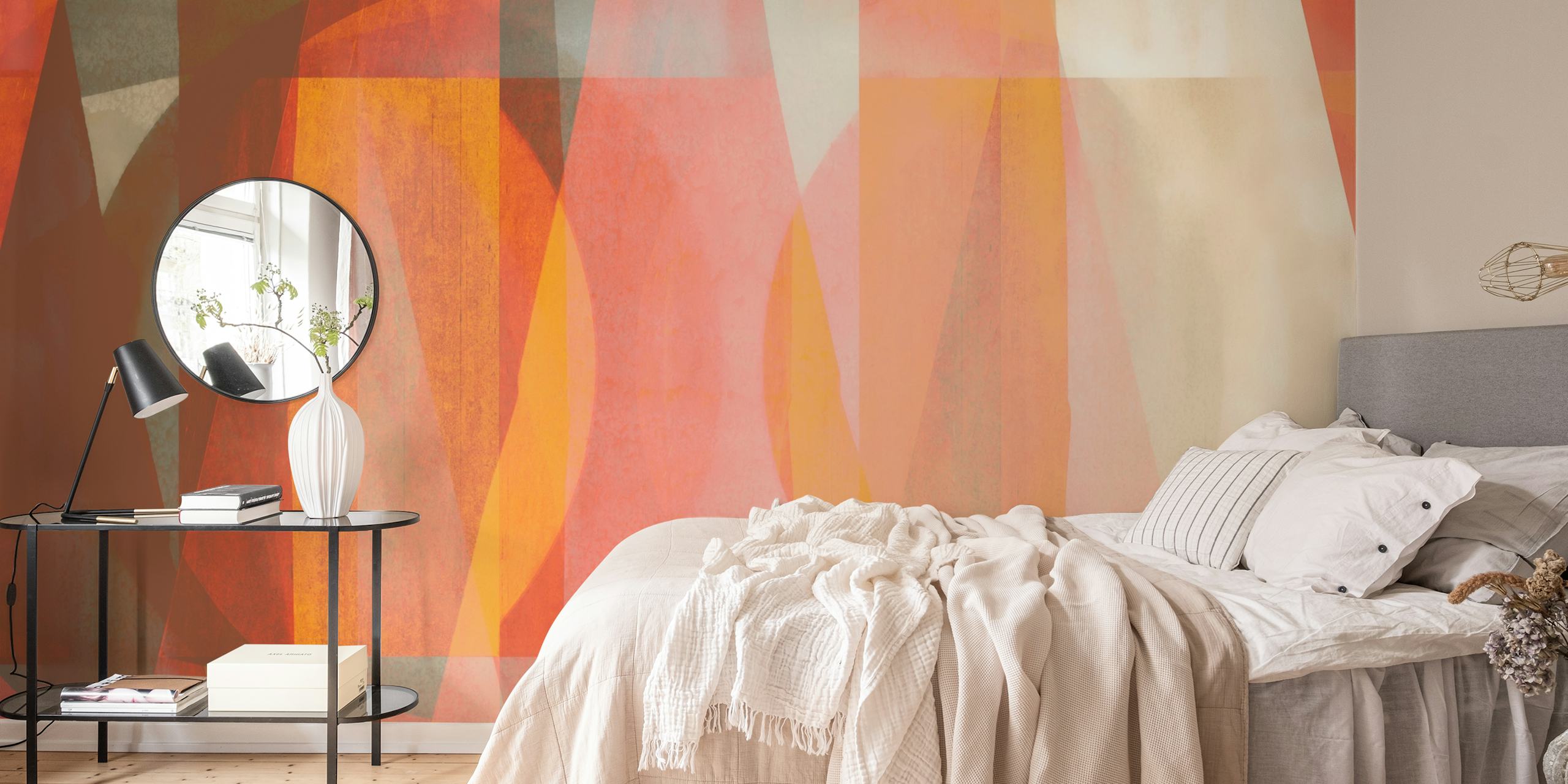 Geometric abstract design with red, orange, and cream colors wallpaper