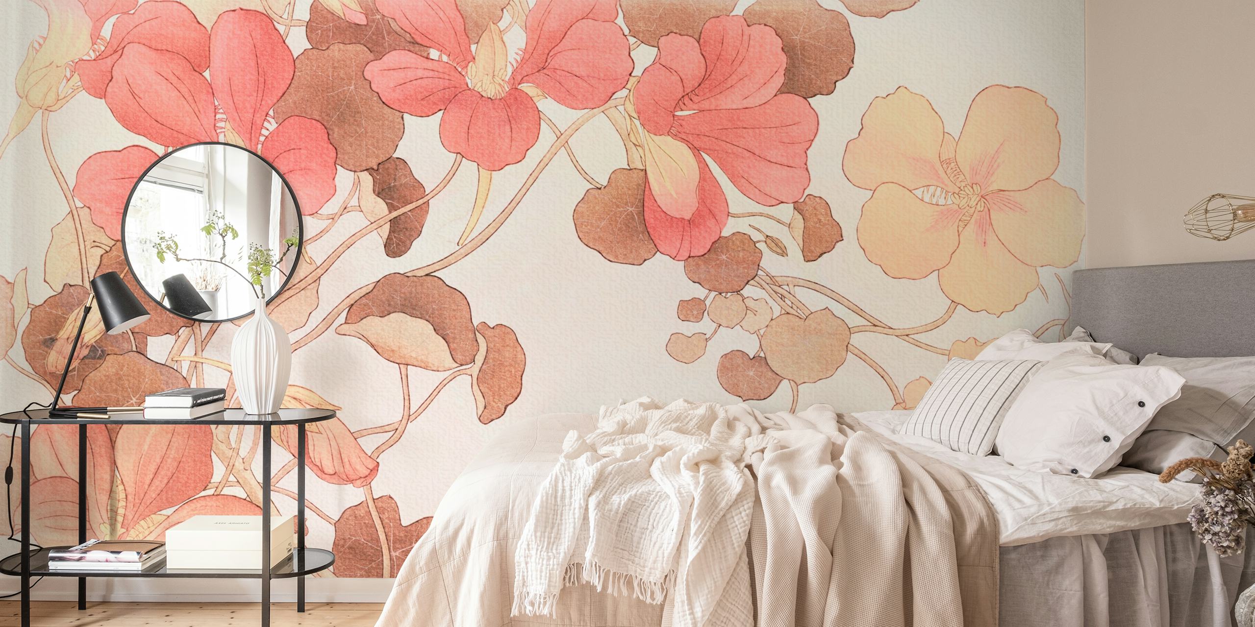 Pink floral wallpaper with elegant blossoms and green leaves
