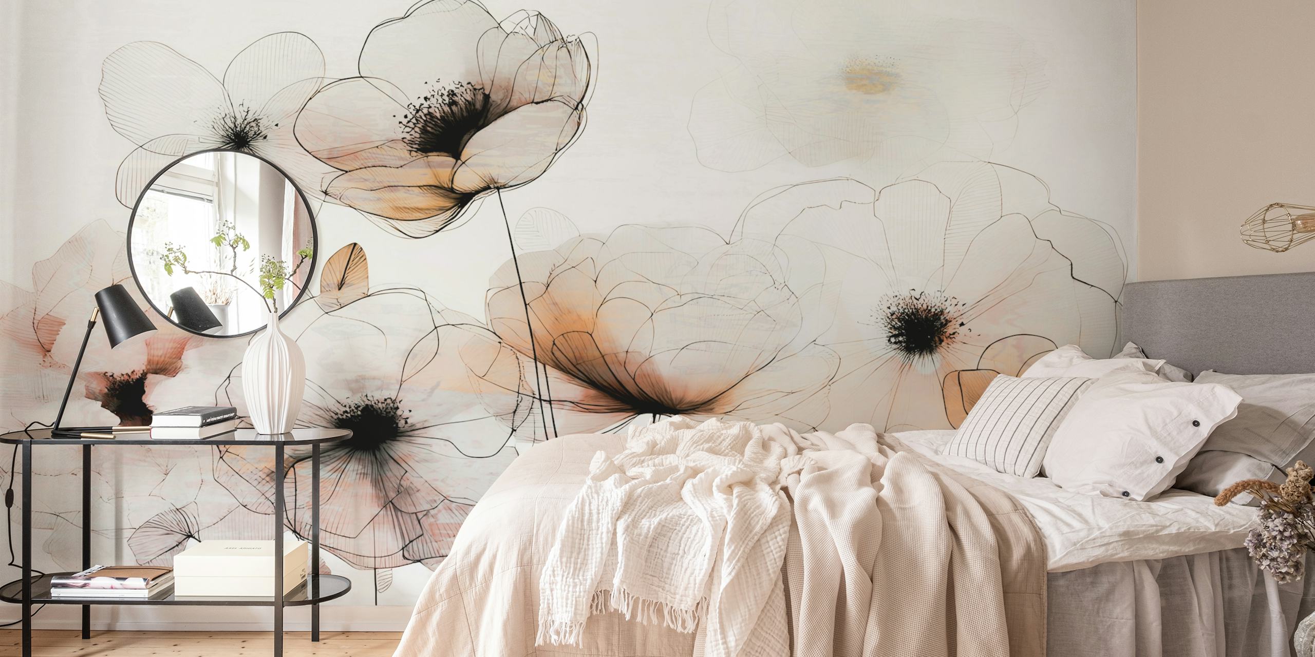 Sketches of soft neutral flowers with black outlines wallpaper