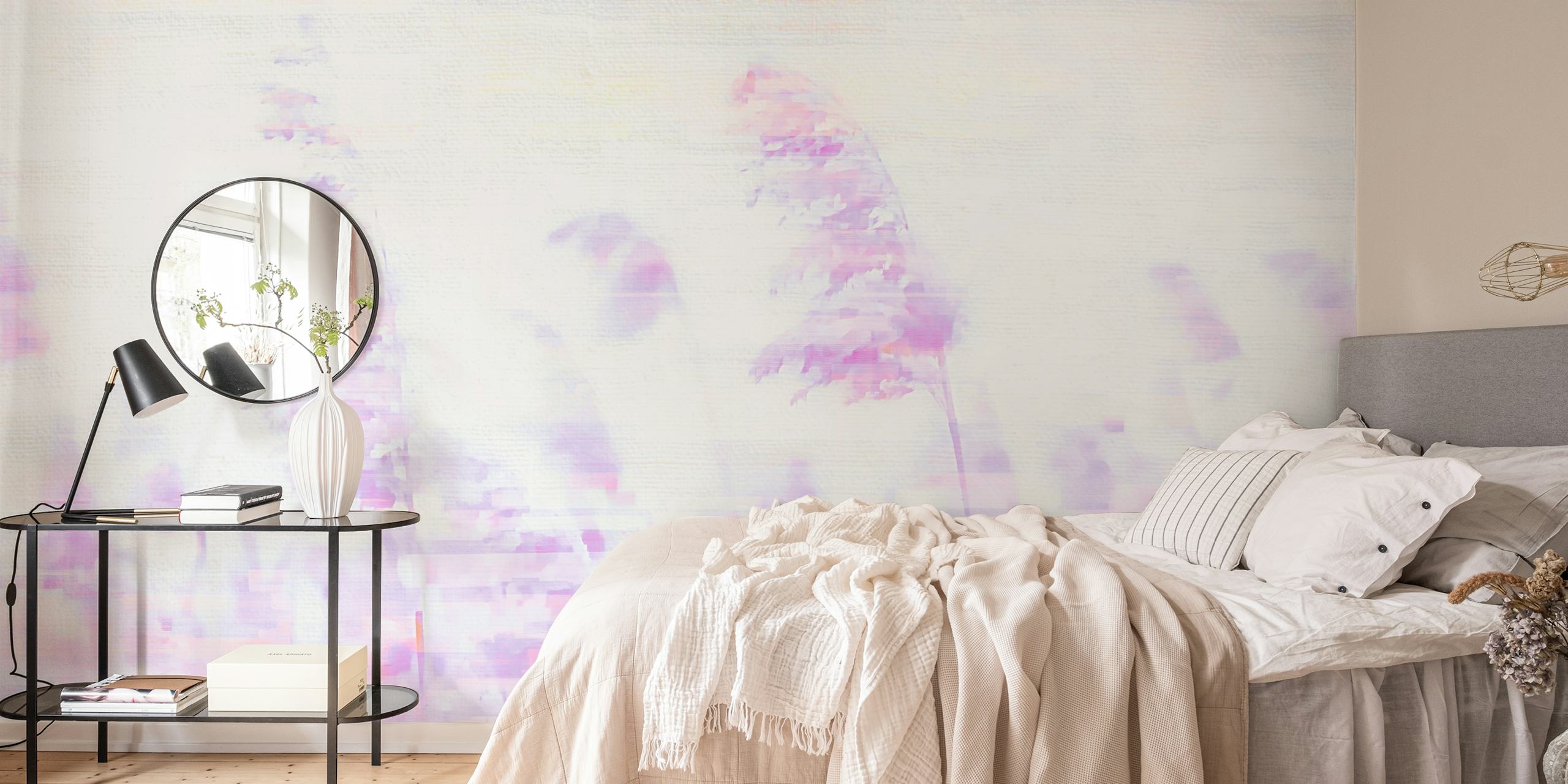 Soft pastel floral nature wallpaper with purple hues and dreamy design