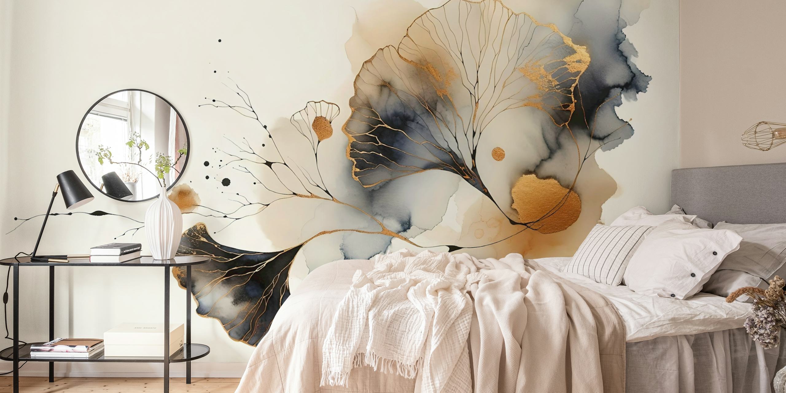 Ginkgo leaves in gold and blue hues on beige background wallpaper