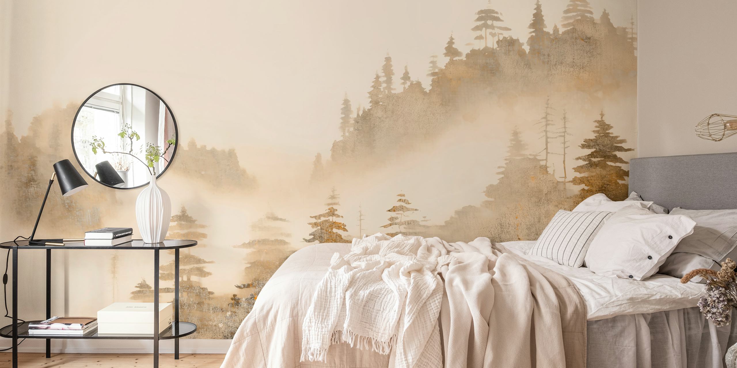 Soft foggy wilderness with trees and mountains in earthy tones wallpaper