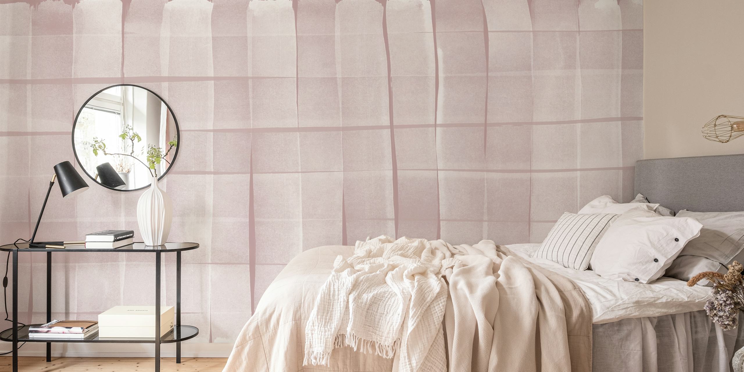 Blush checkered watercolor stripes wallpaper in a room