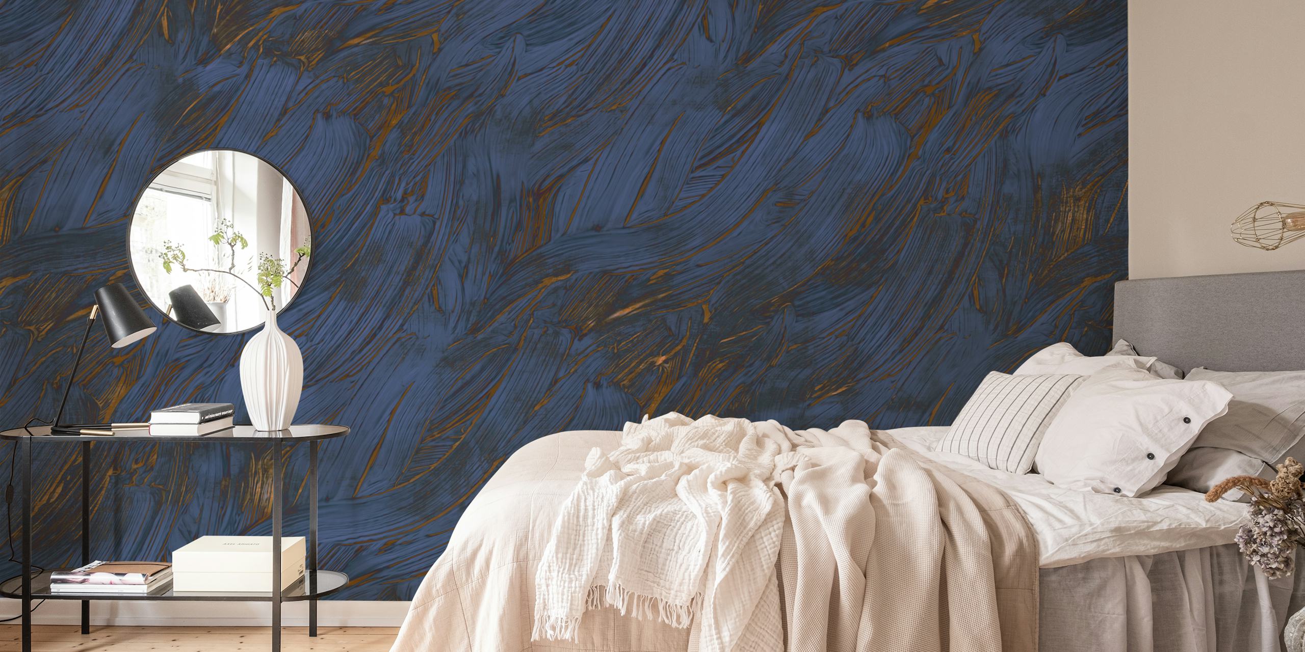 Wavy navy blue and gold streaks abstract wallpaper