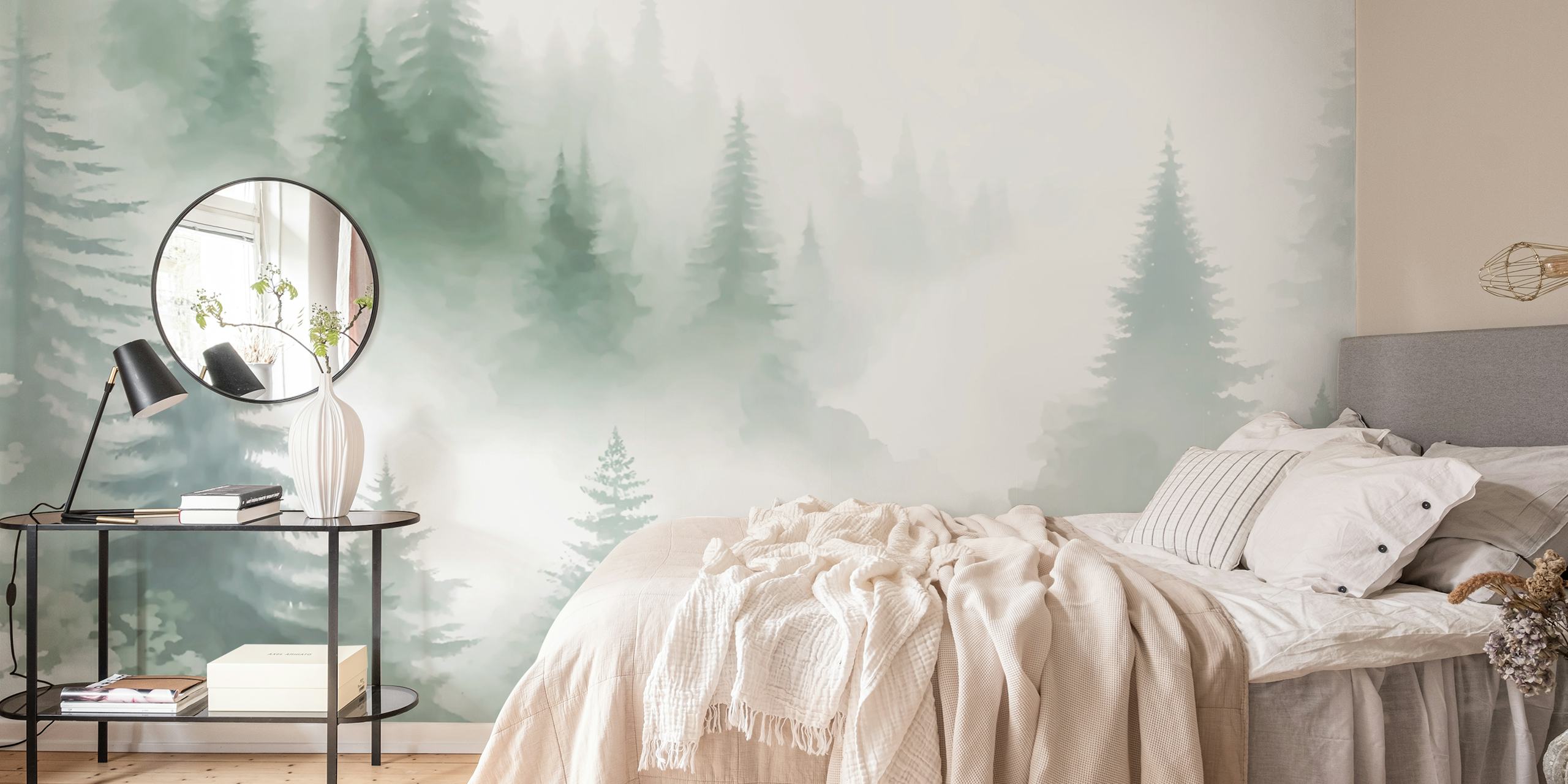 Misty Pine Forest Peaks wallpaper in a room