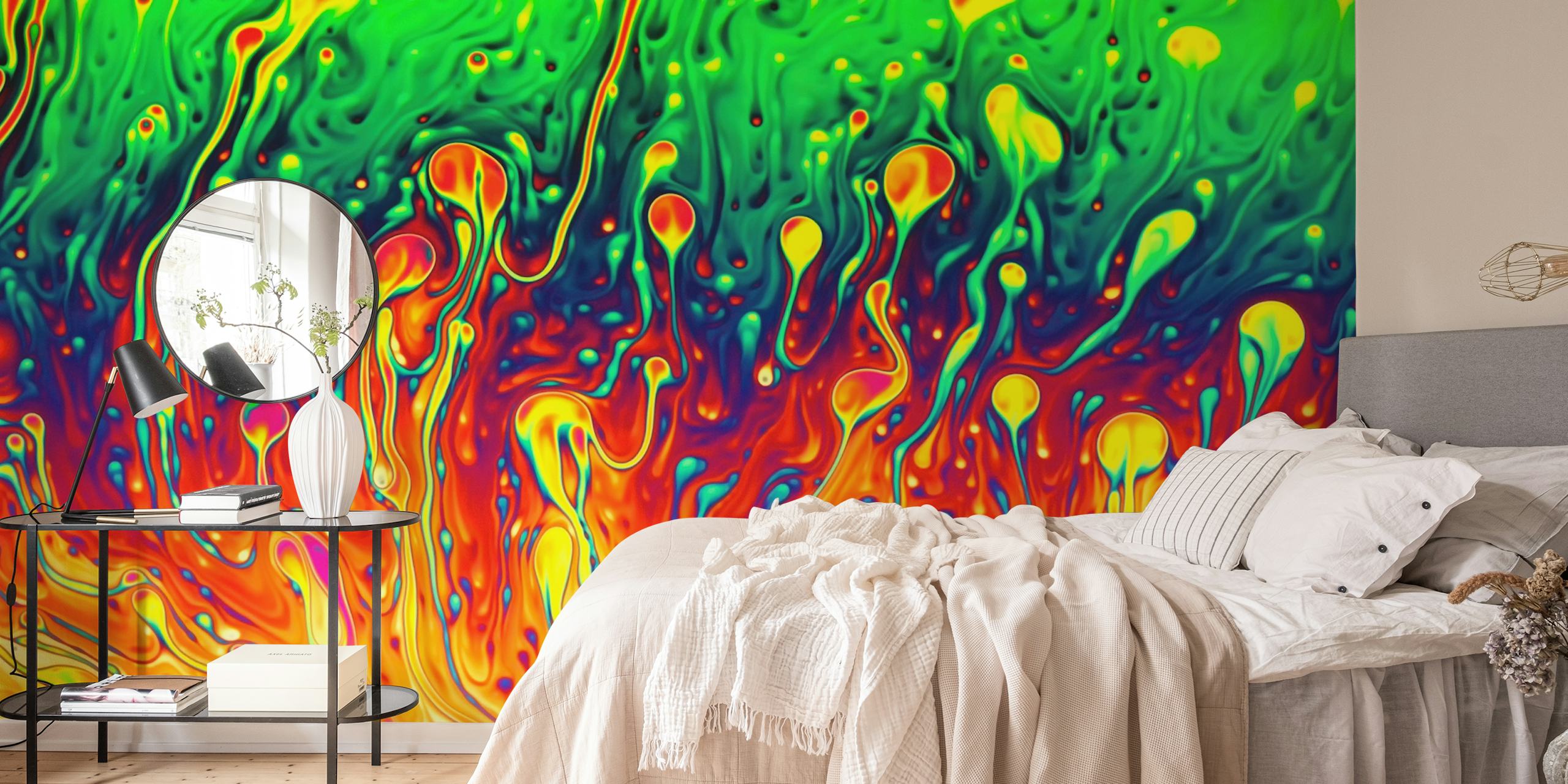 Abstract Soap Opera wall mural with swirling greens, reds, and oranges