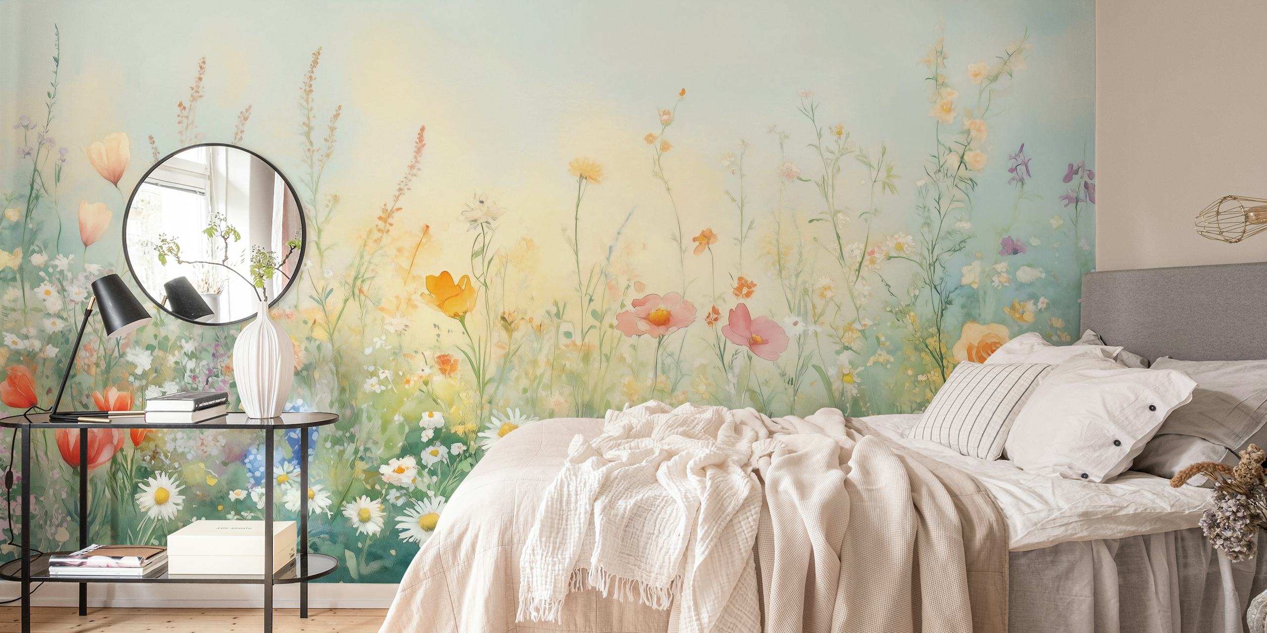 Colorful spring wildflower pattern in pink, yellow, and blue tones wallpaper