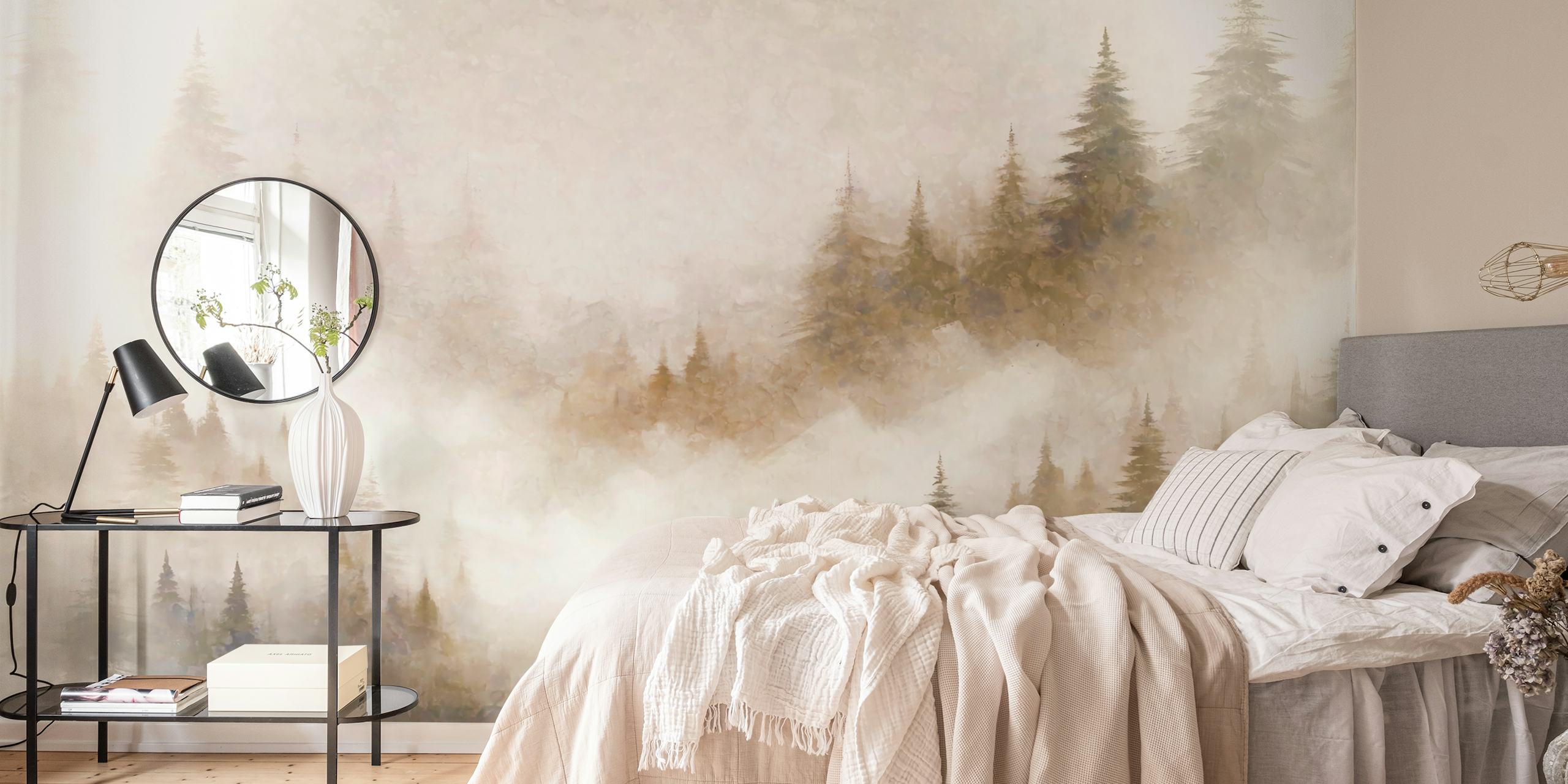 Foggy forest wallpaper in a room