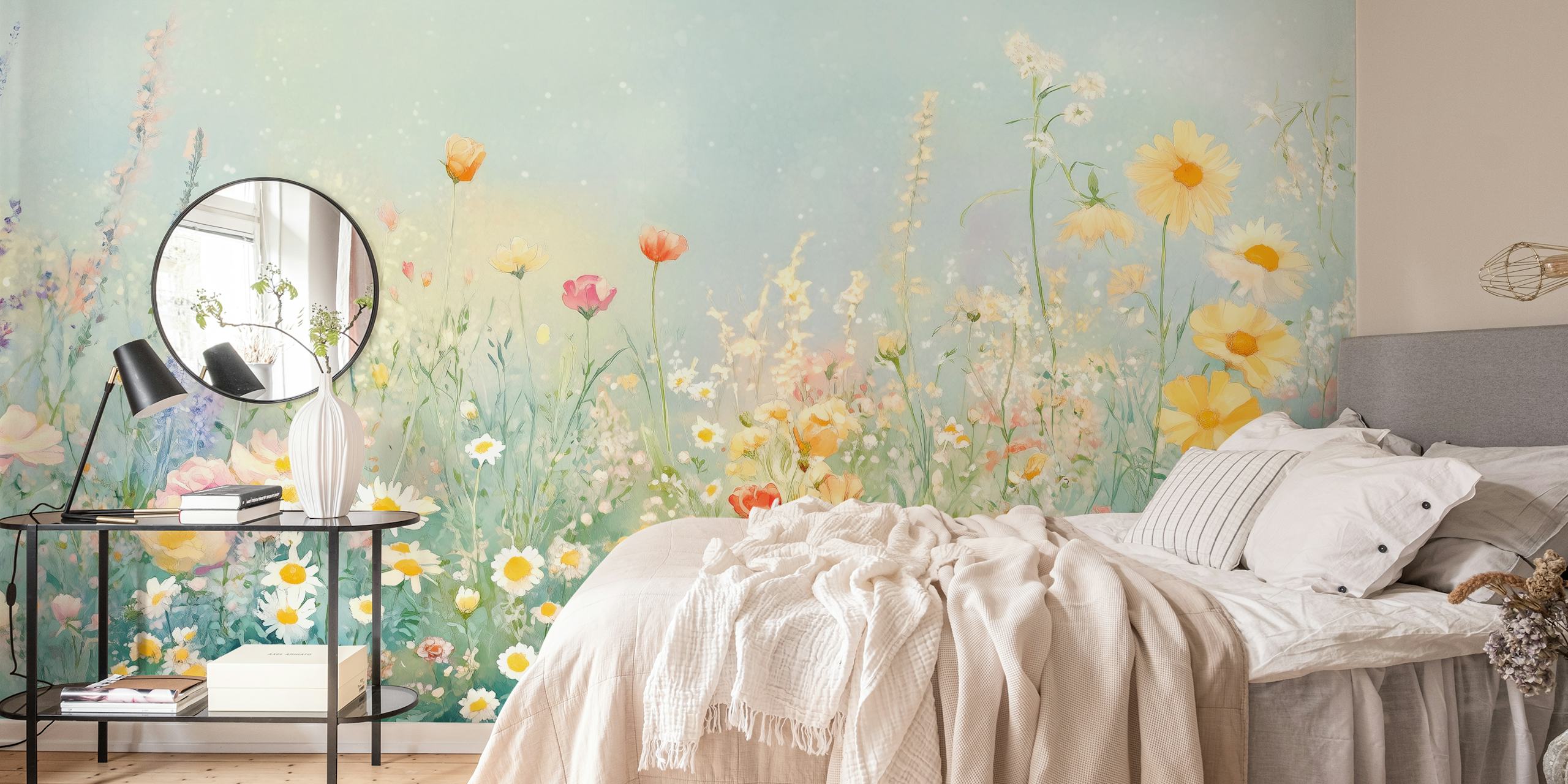 Colorful flowers in a blooming meadow; watercolor wallpaper