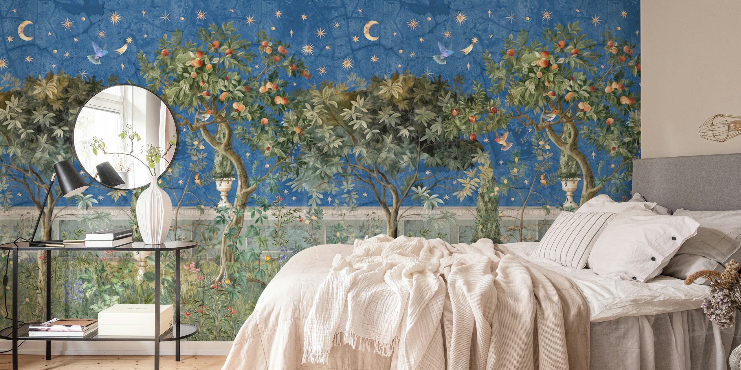 Starry Orchard Dreams Midnight papel de parede em um quarto