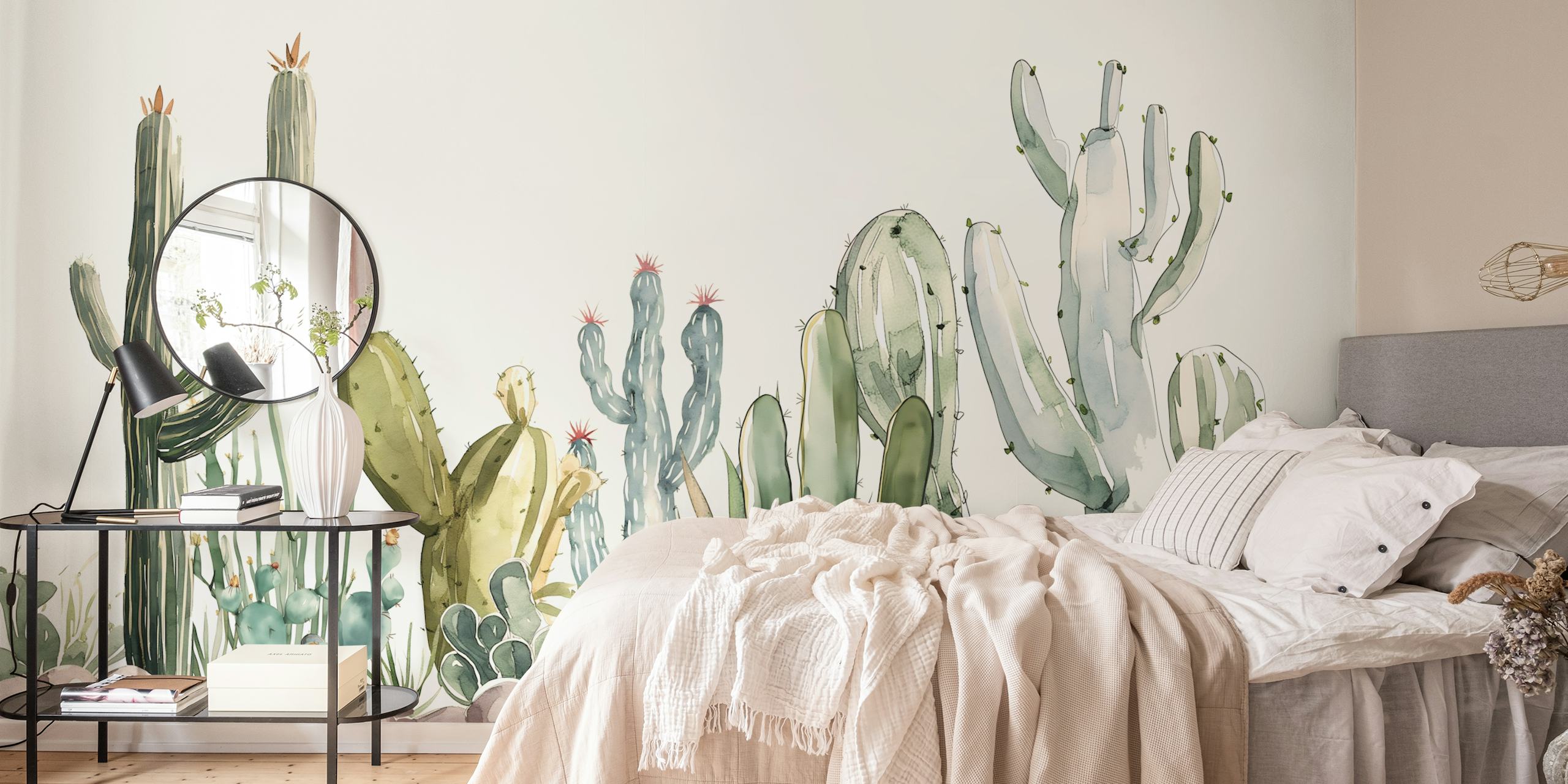 Cacti and succulents in green and beige colors botanical wallpaper