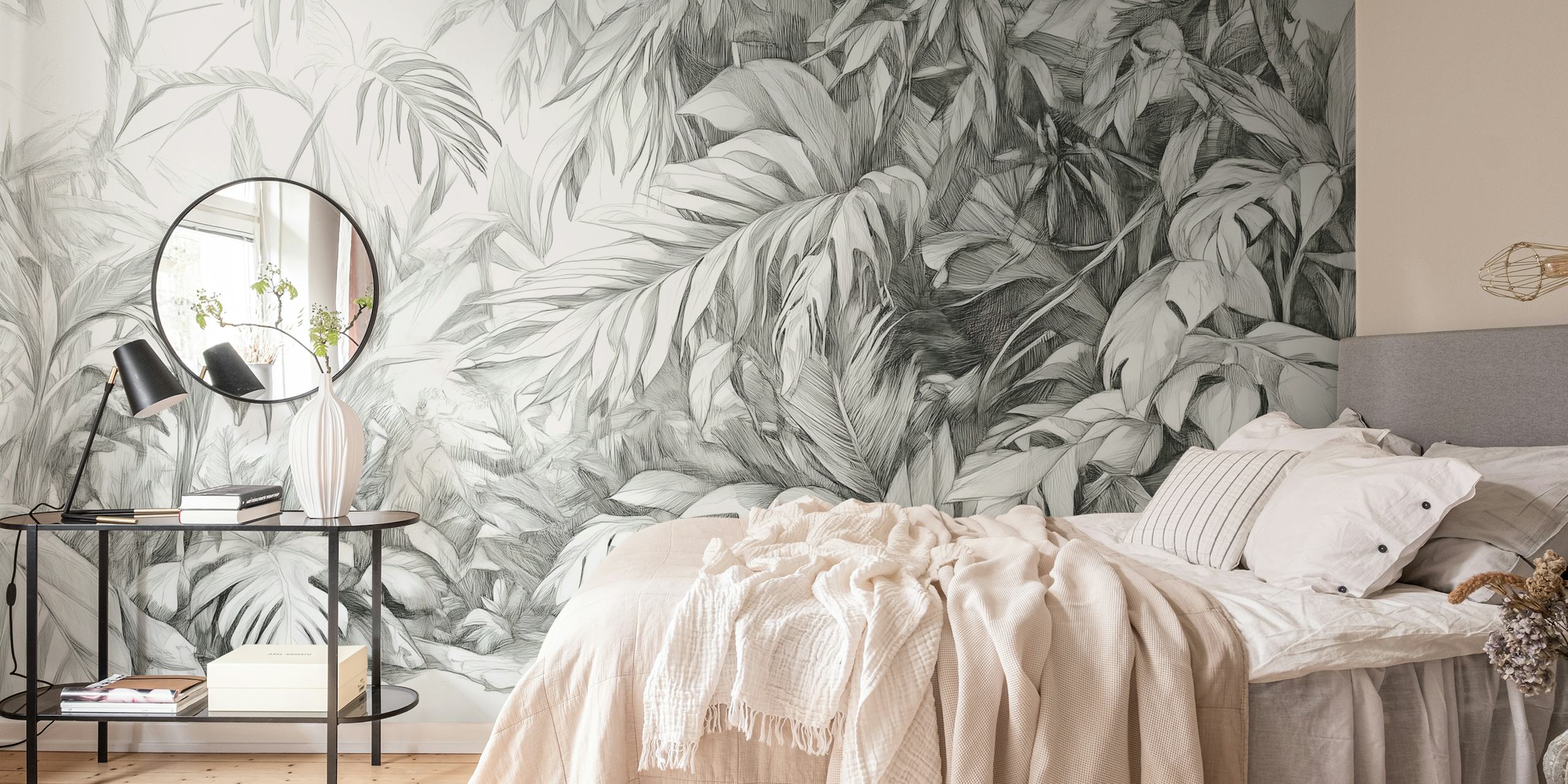 Monochrome Leafy Retreat Tapete in einem Raum