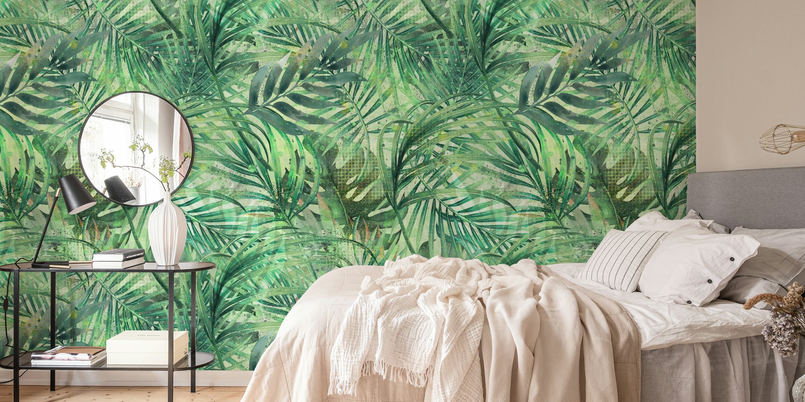 Green tropical palm leaves wall mural wallpaper with textured pattern.
