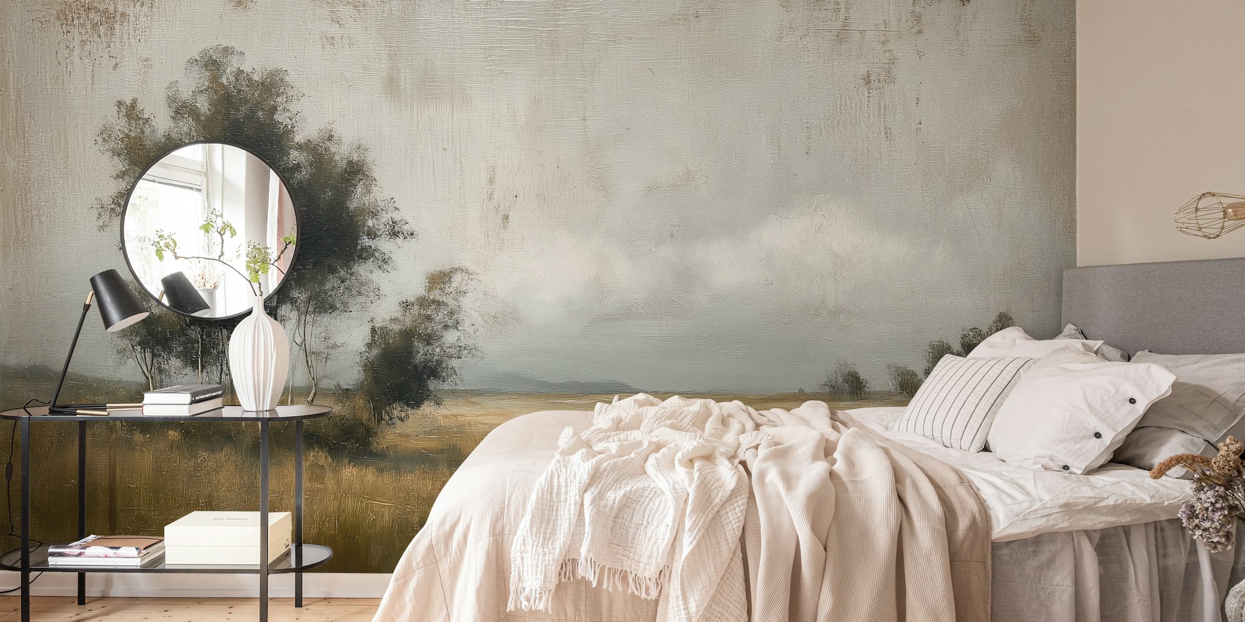 Tranquil morning landscape wallpaper in a room