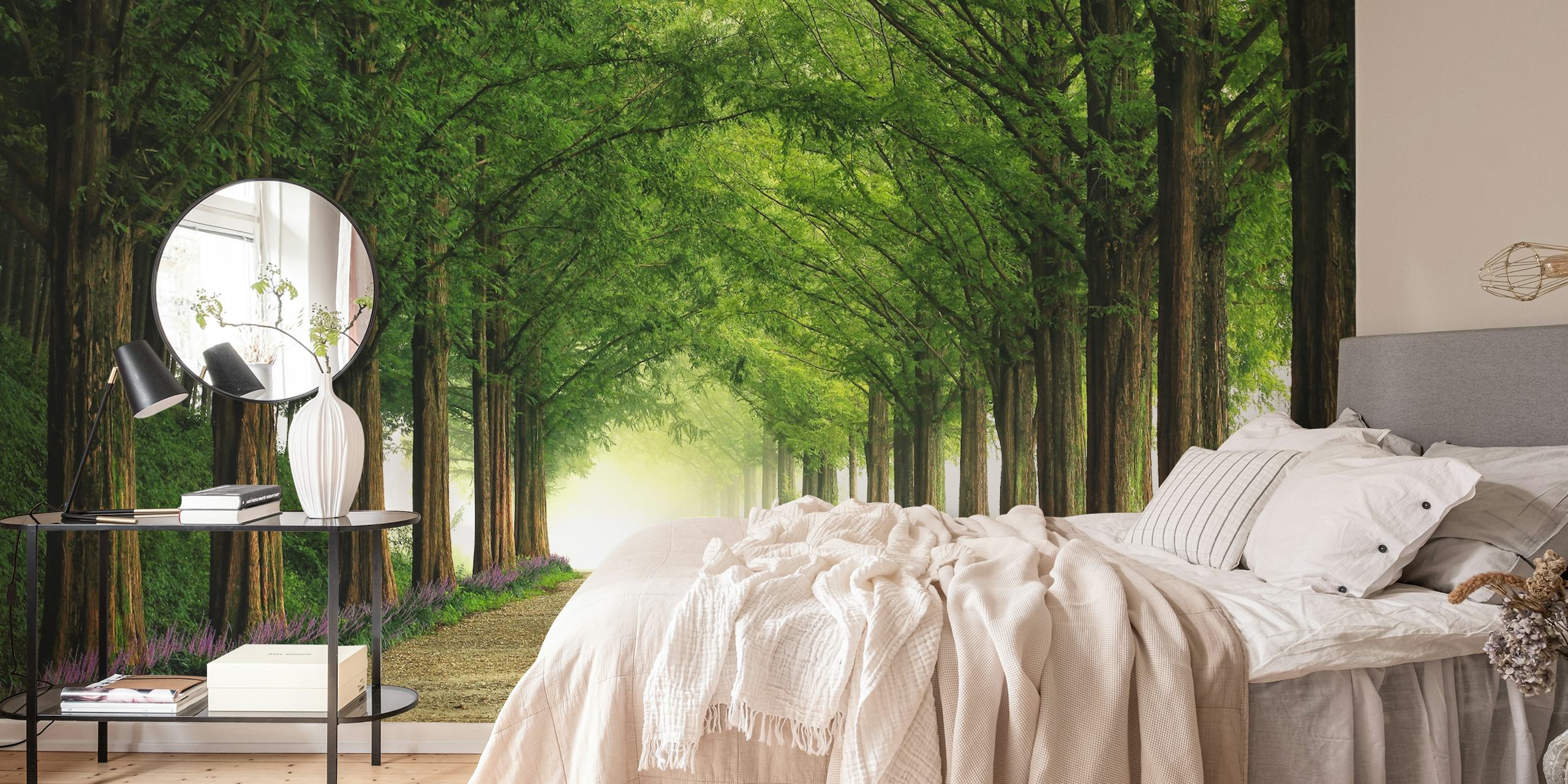 Tree-lined path with green foliage and purple flowers wallpaper