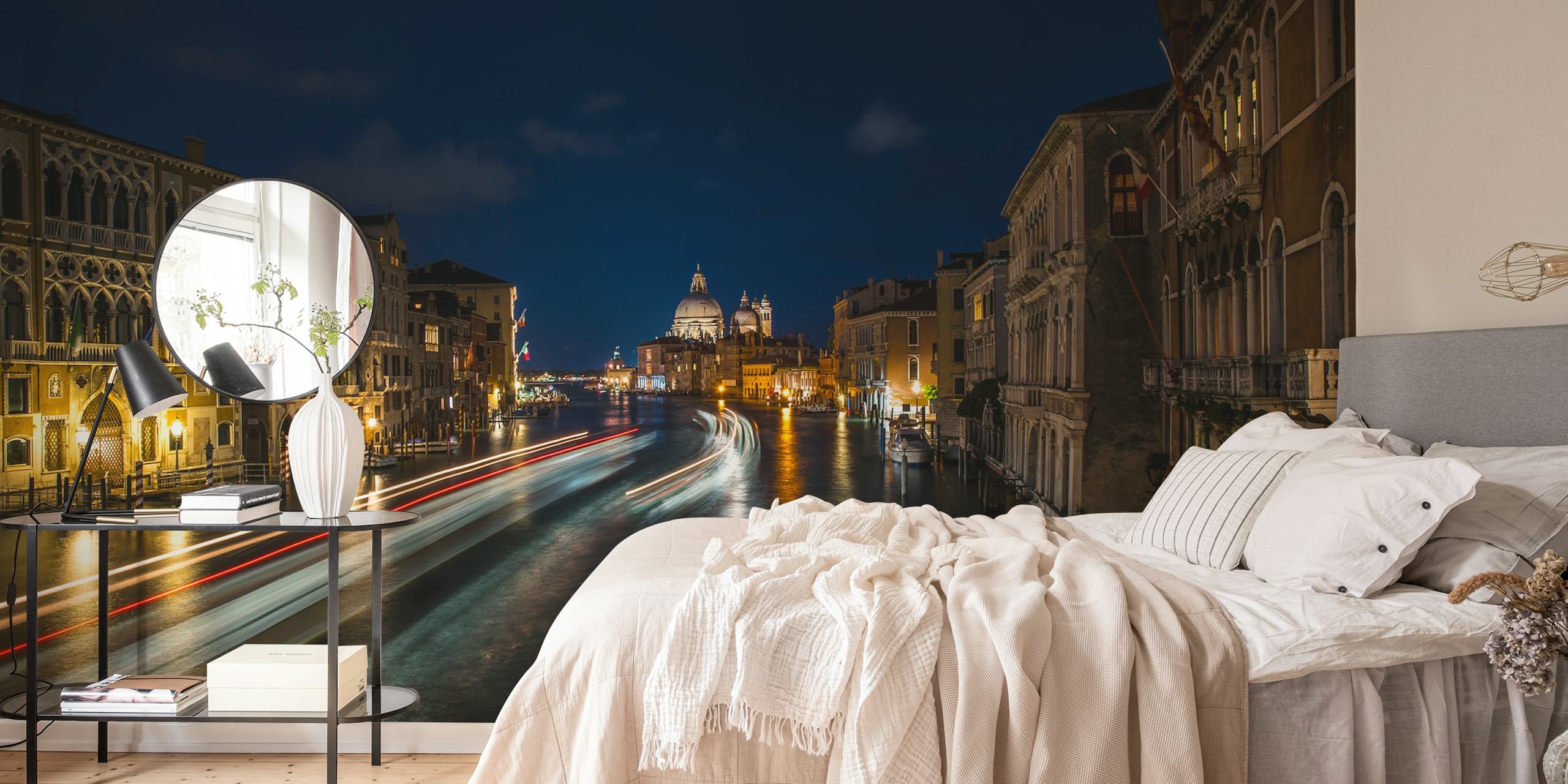 Venice canal at night with illuminated buildings and reflections wallpaper