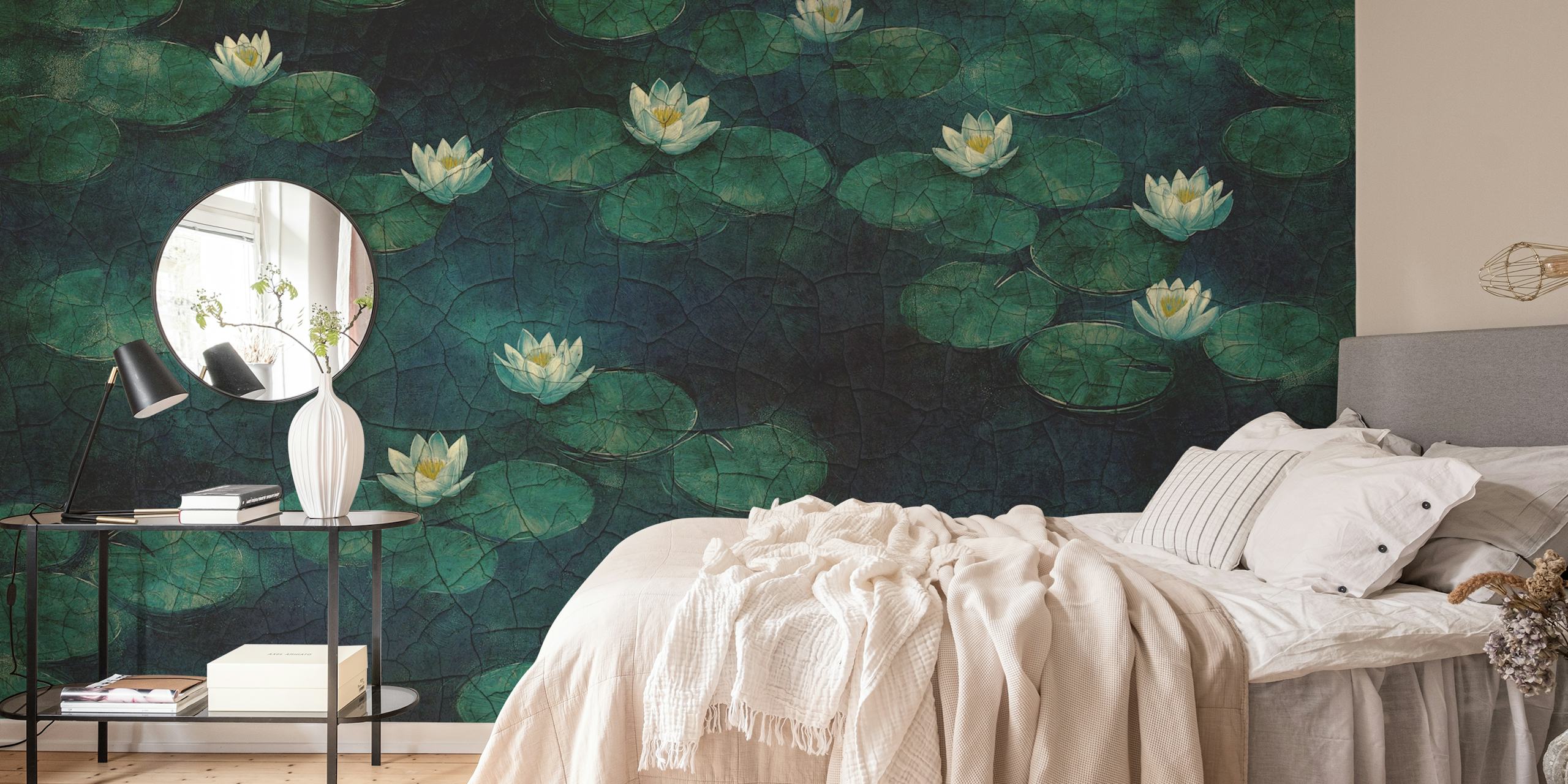 Dark White Lotus Painting Tapete im Raum