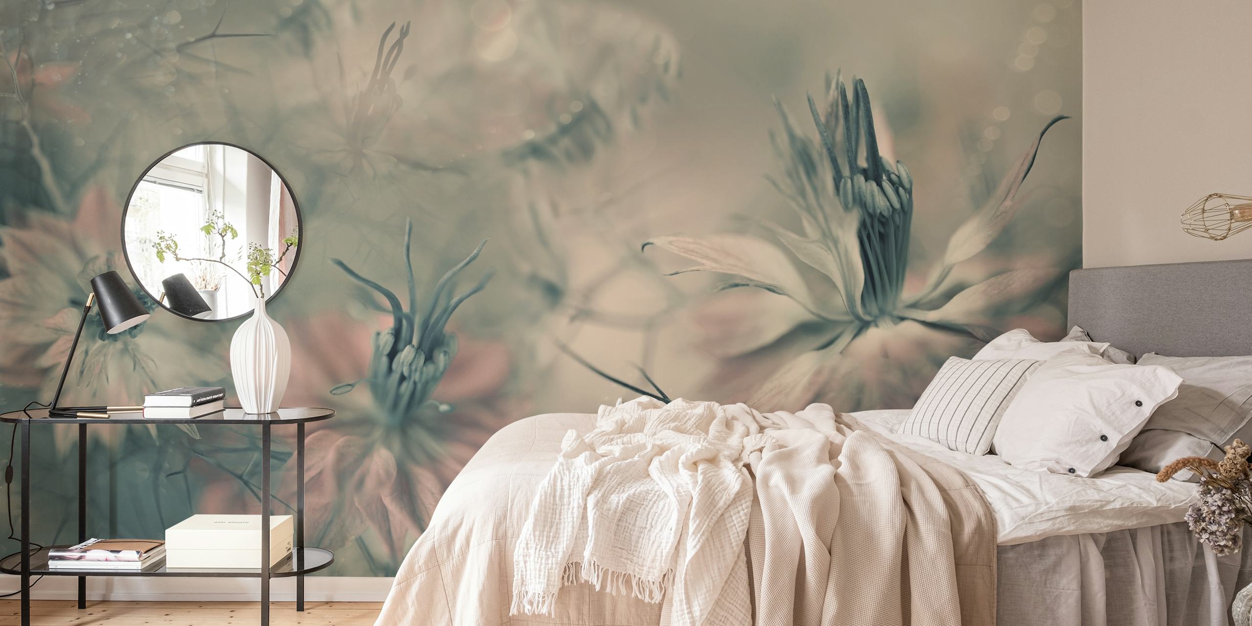 Design de papel de parede floral em um quarto moderno