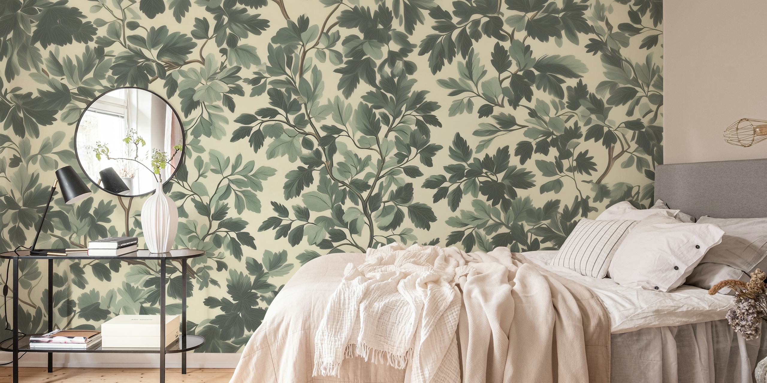 Botanical leafy pattern with dark green and soft gray hues wallpaper
