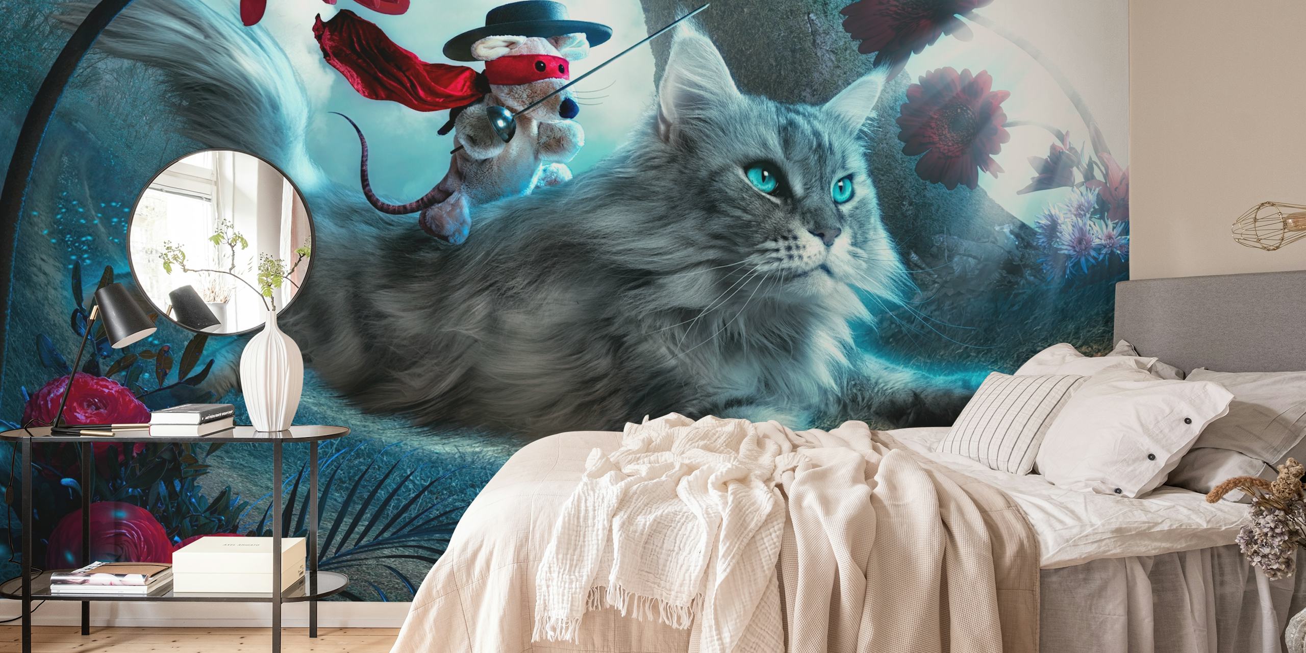 Fantasy cat with blue eyes and plush hero on its back, colorful plants and flowers wallpaper