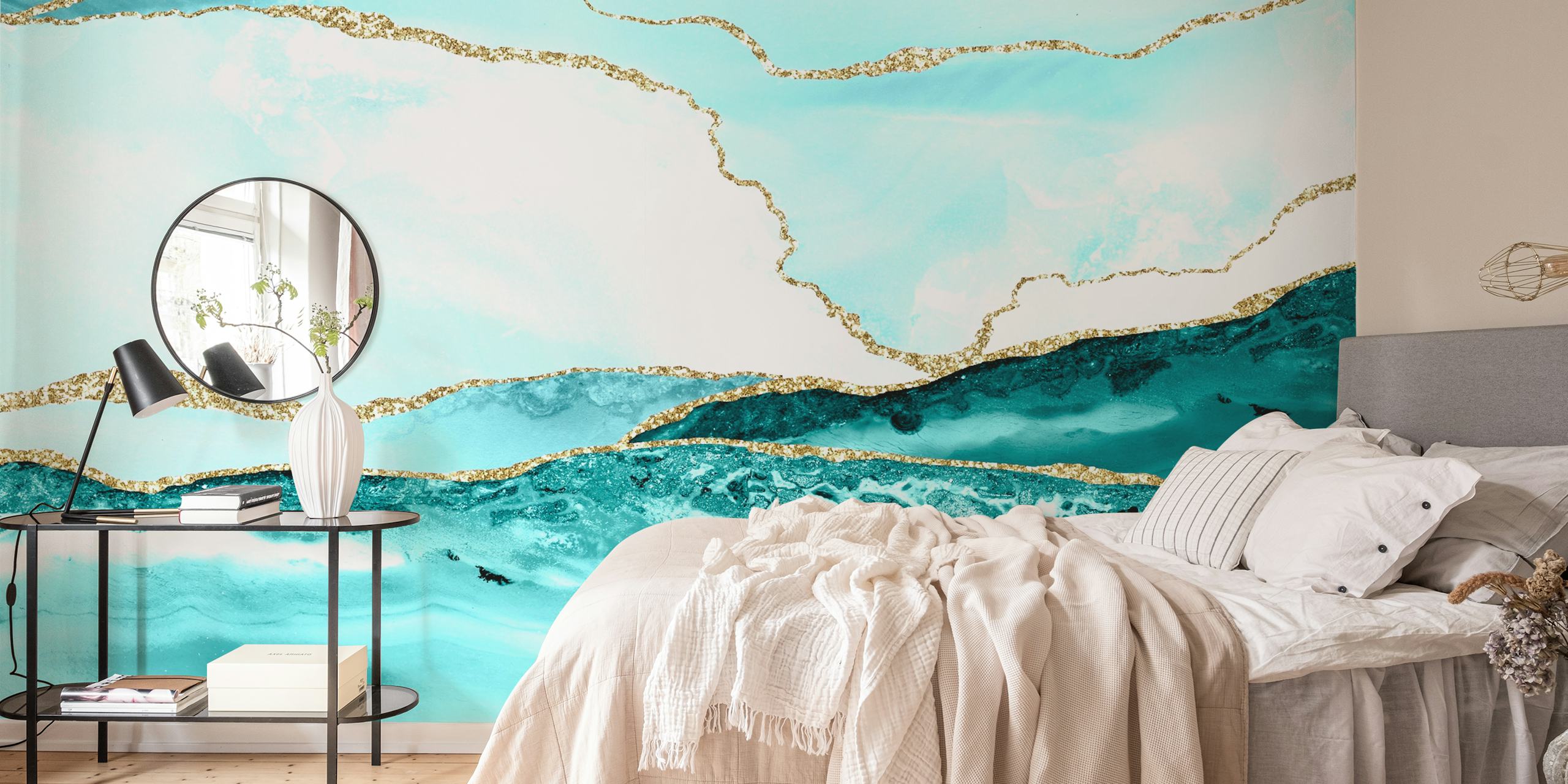 Teal marble wallpaper with silver veins and gold glitter accents