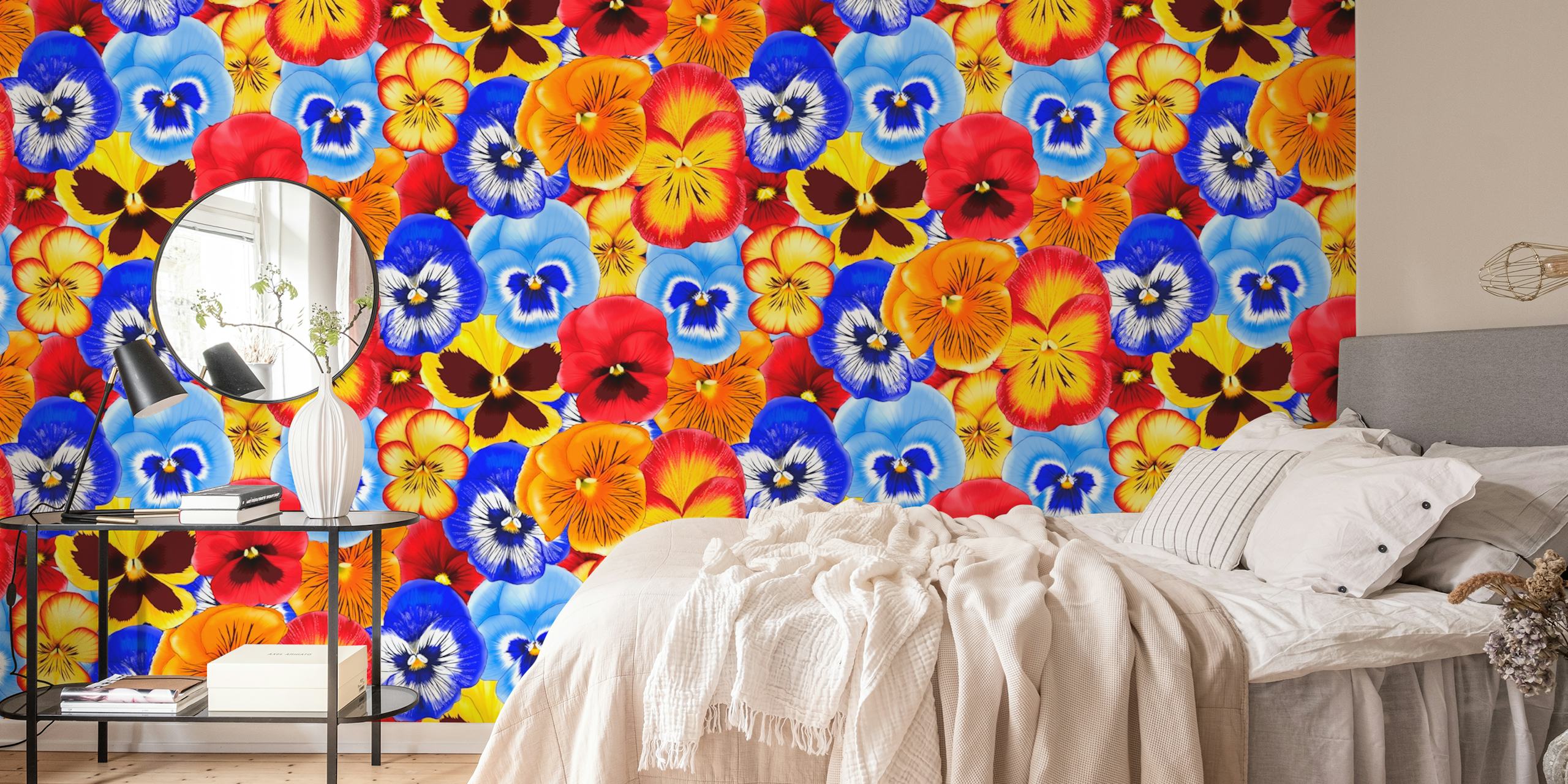 Vibrant pansies wallpaper displayed in a room