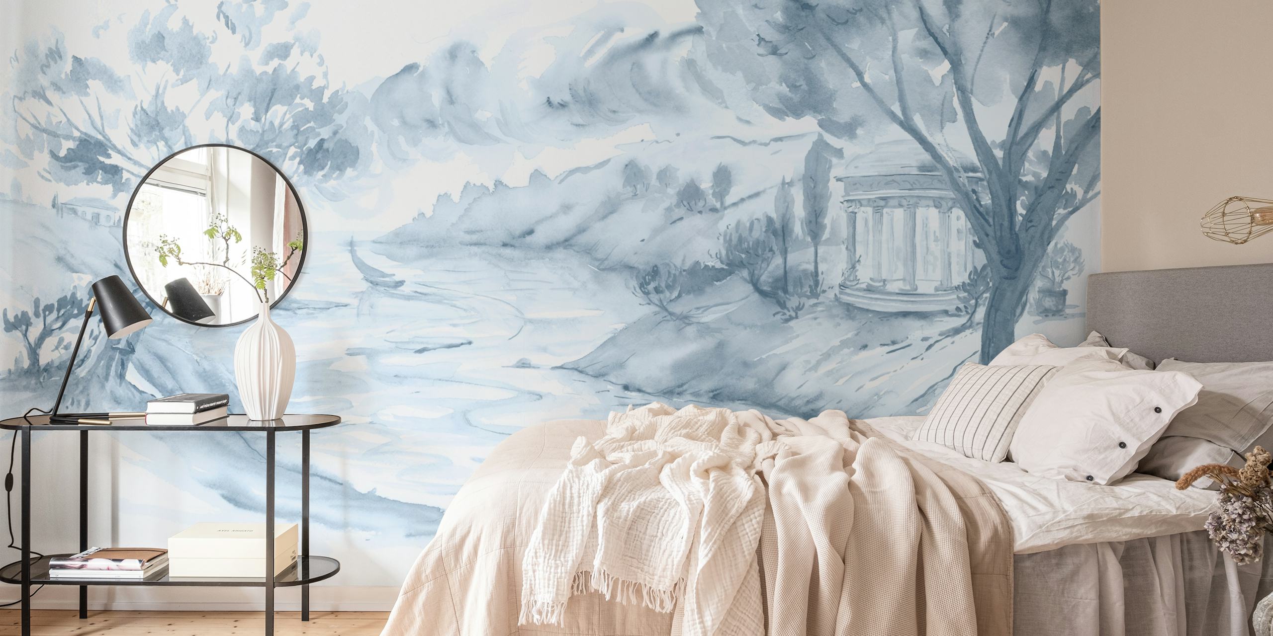 Tranquil river scene wallpaper in a room