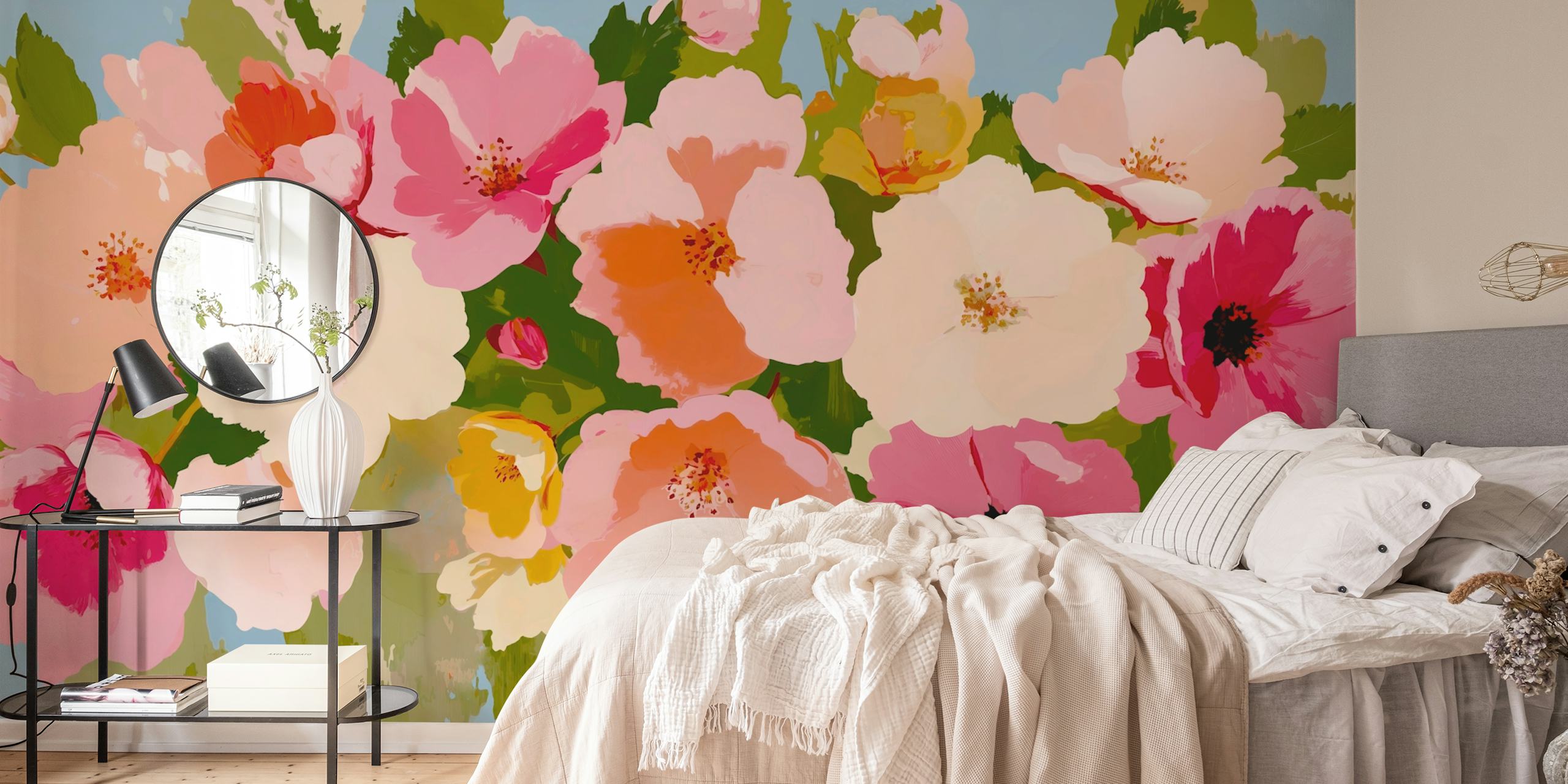 Wildflower blooms in pink and white on a blue background wallpaper