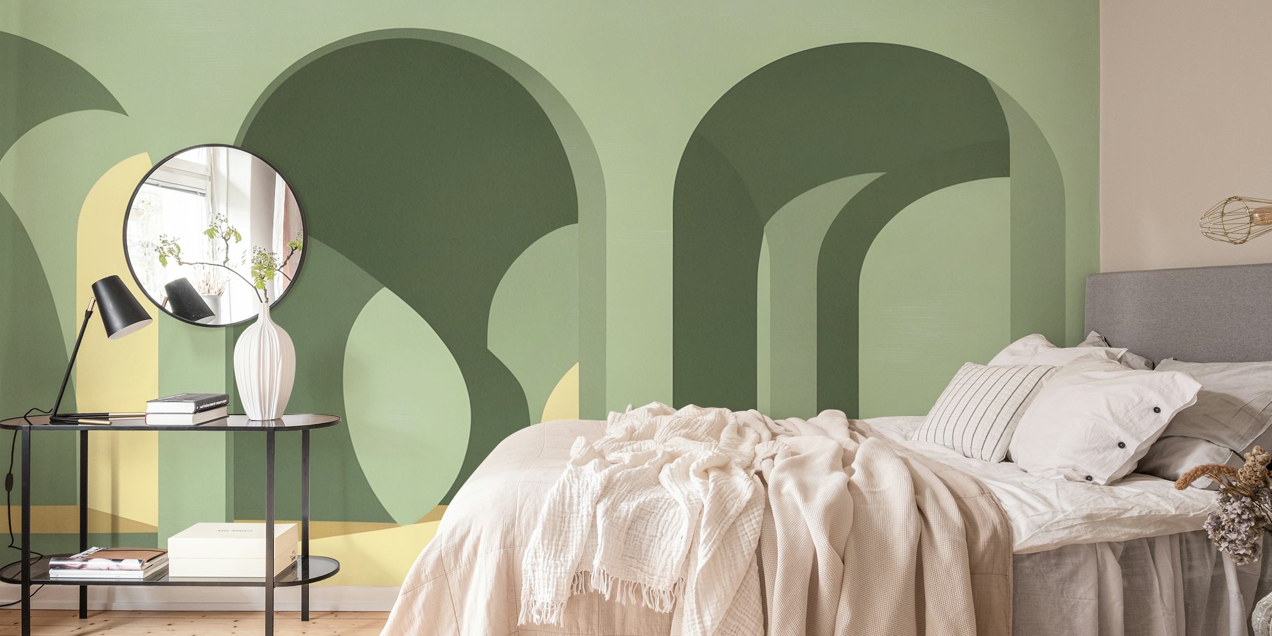Arched shapes in soft green and beige tones wallpaper