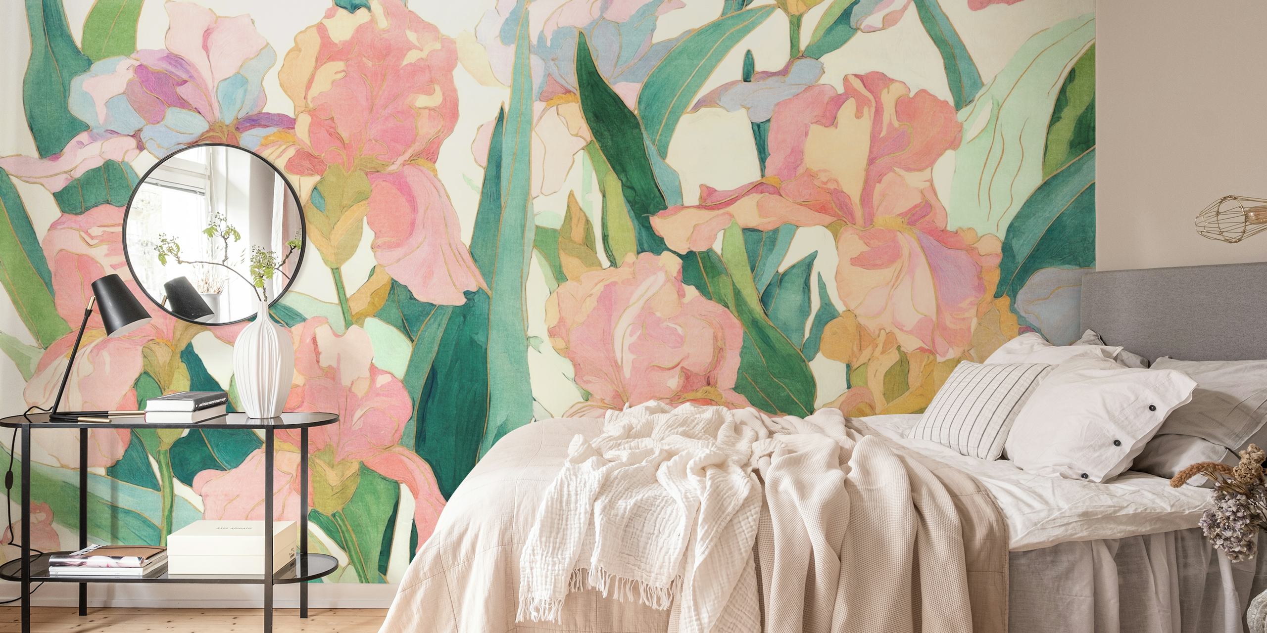 Velvet Blush Irises Dream papel pintado en una habitación