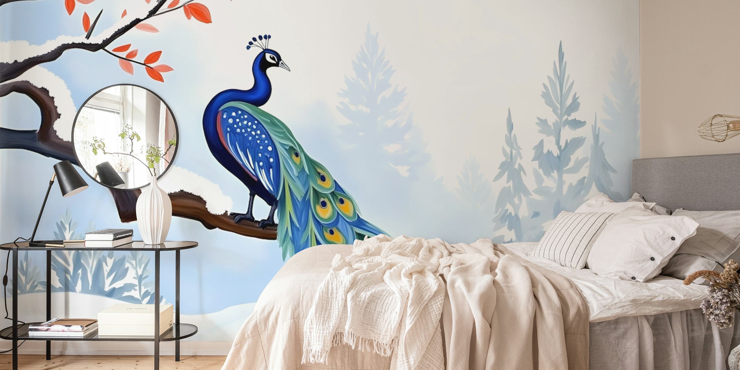 Winter Peacock wallpaper w przytulnym pokoju