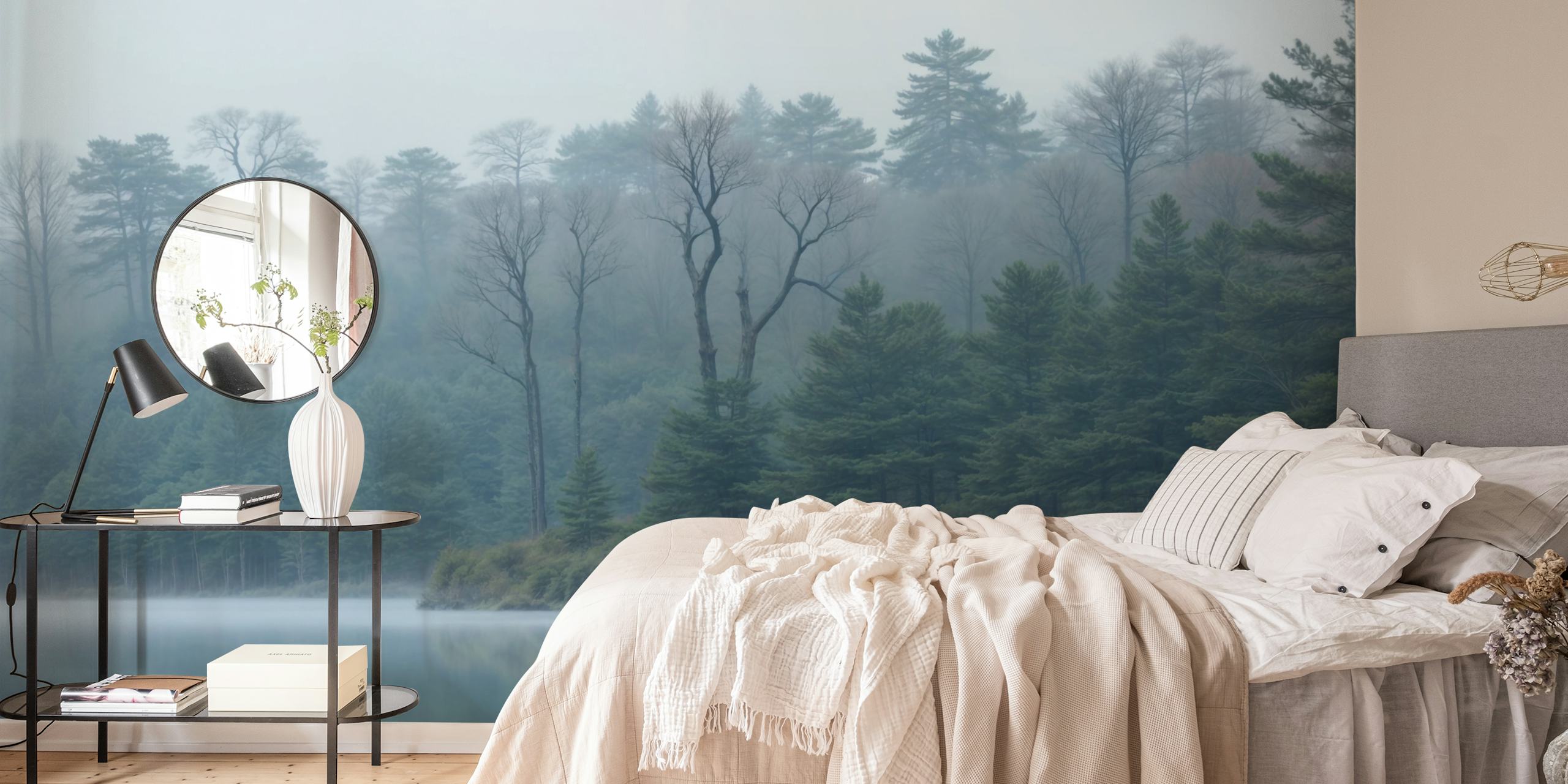 Calm Lakeside Forest behang in een kamer