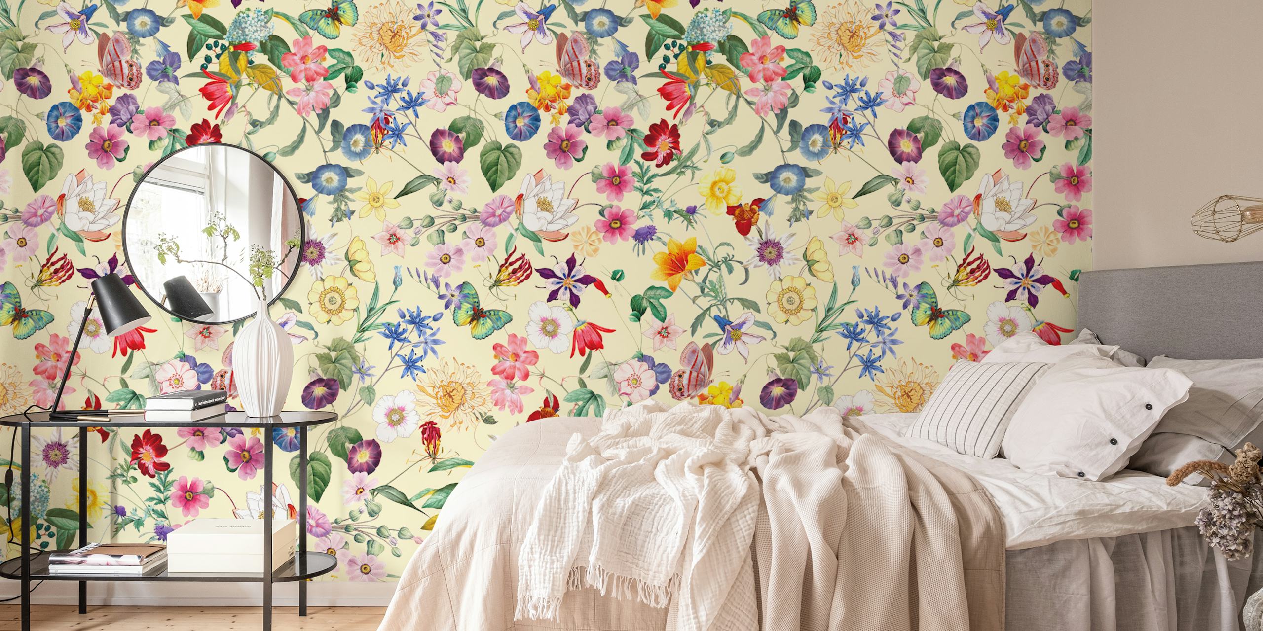Colorful floral patterns featuring various flowers and butterflies on a light background wallpaper