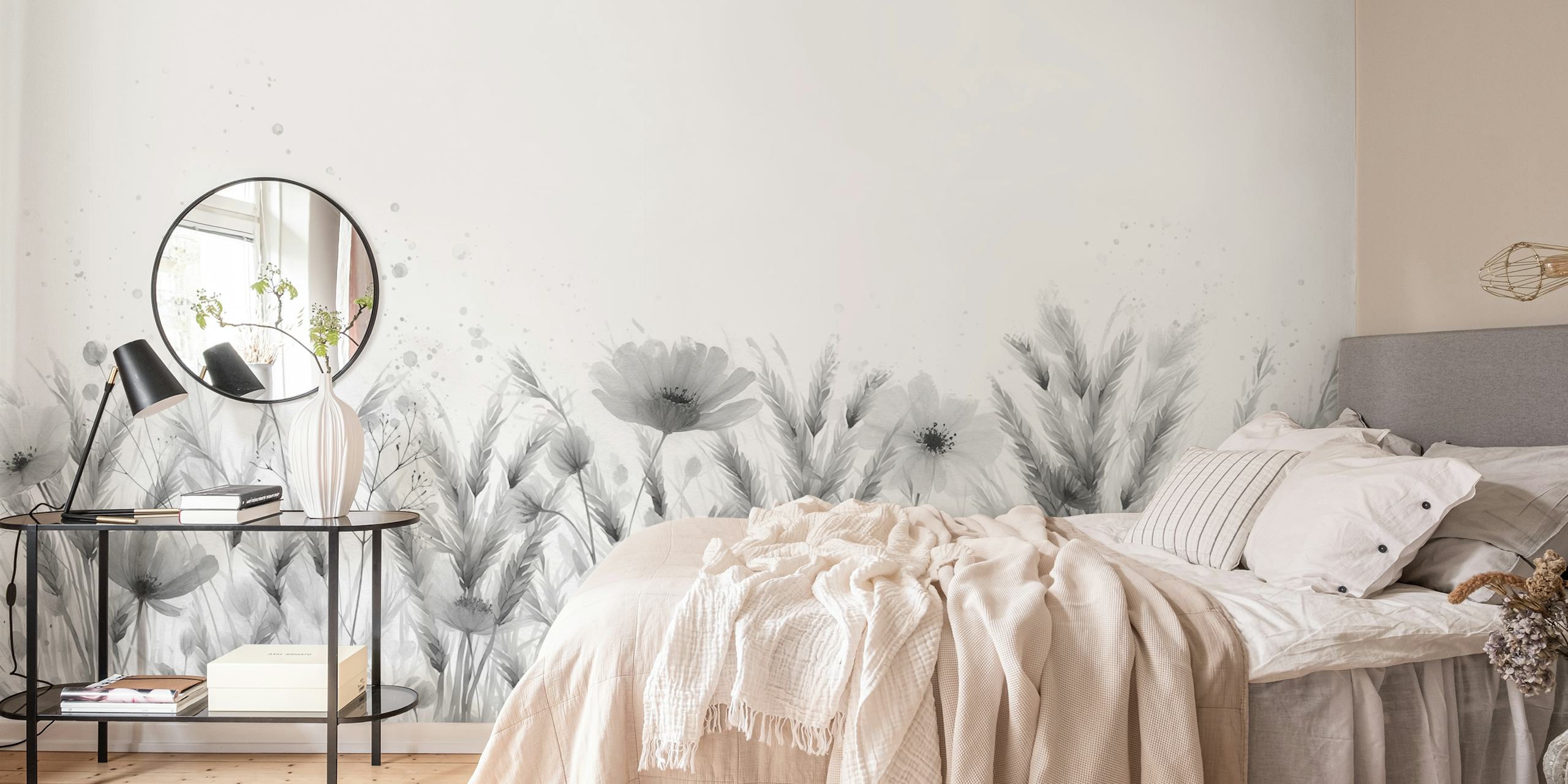 Black and white floral meadow with wildflowers, soft textures wallpaper