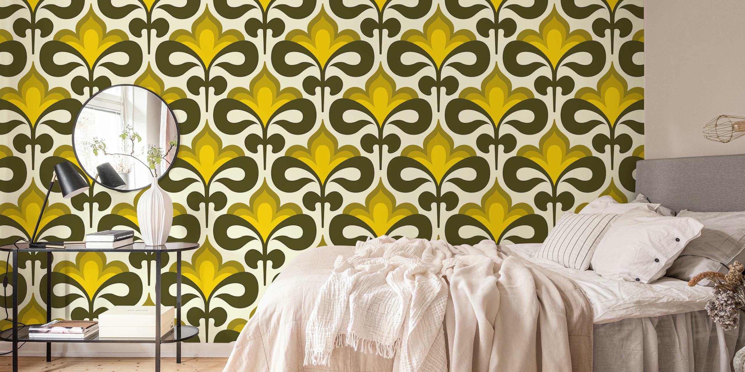Midcentury modern blossoms wallpaper in a room