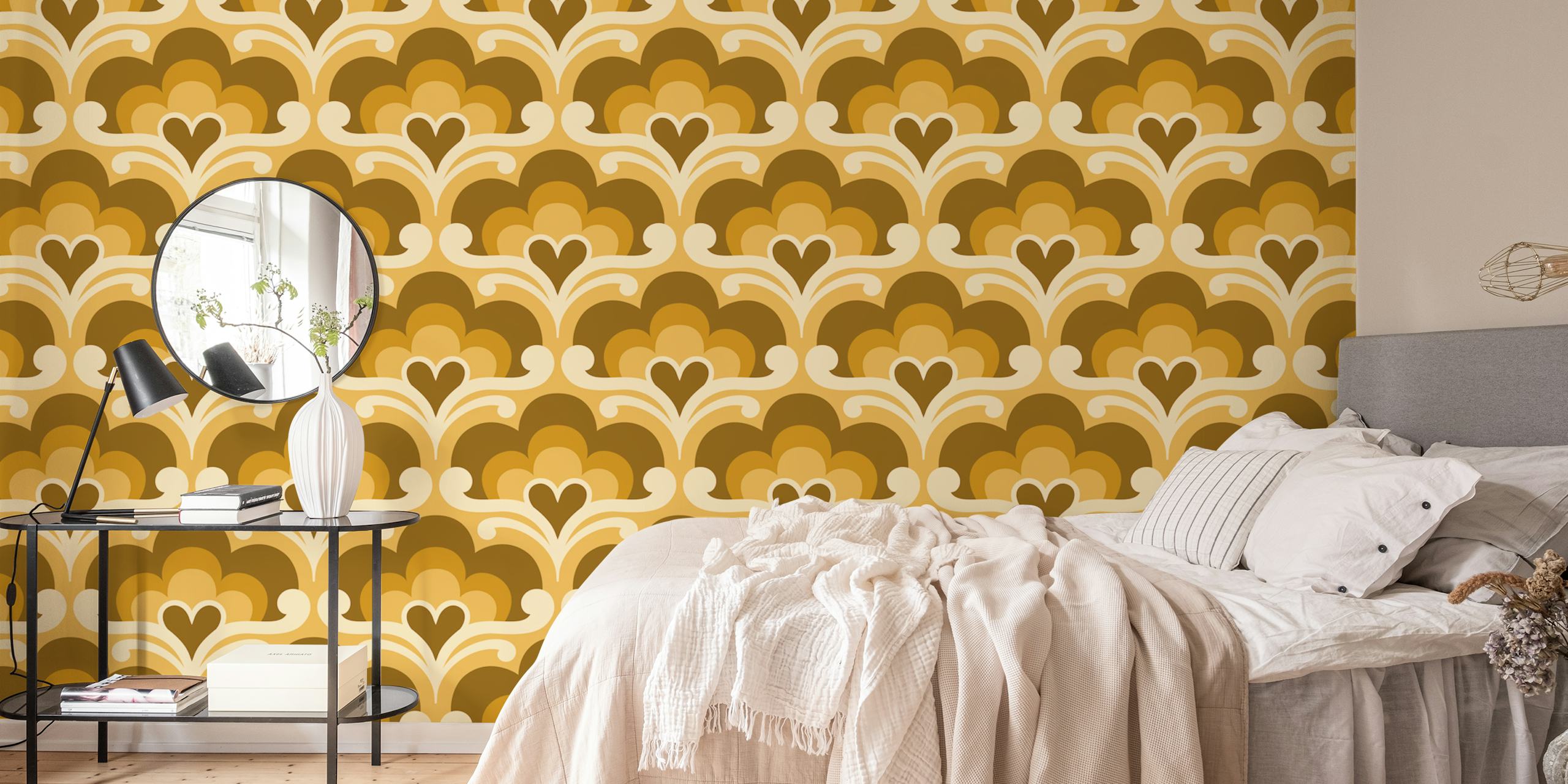 Golden Retro Blossoms wallpaper in a room