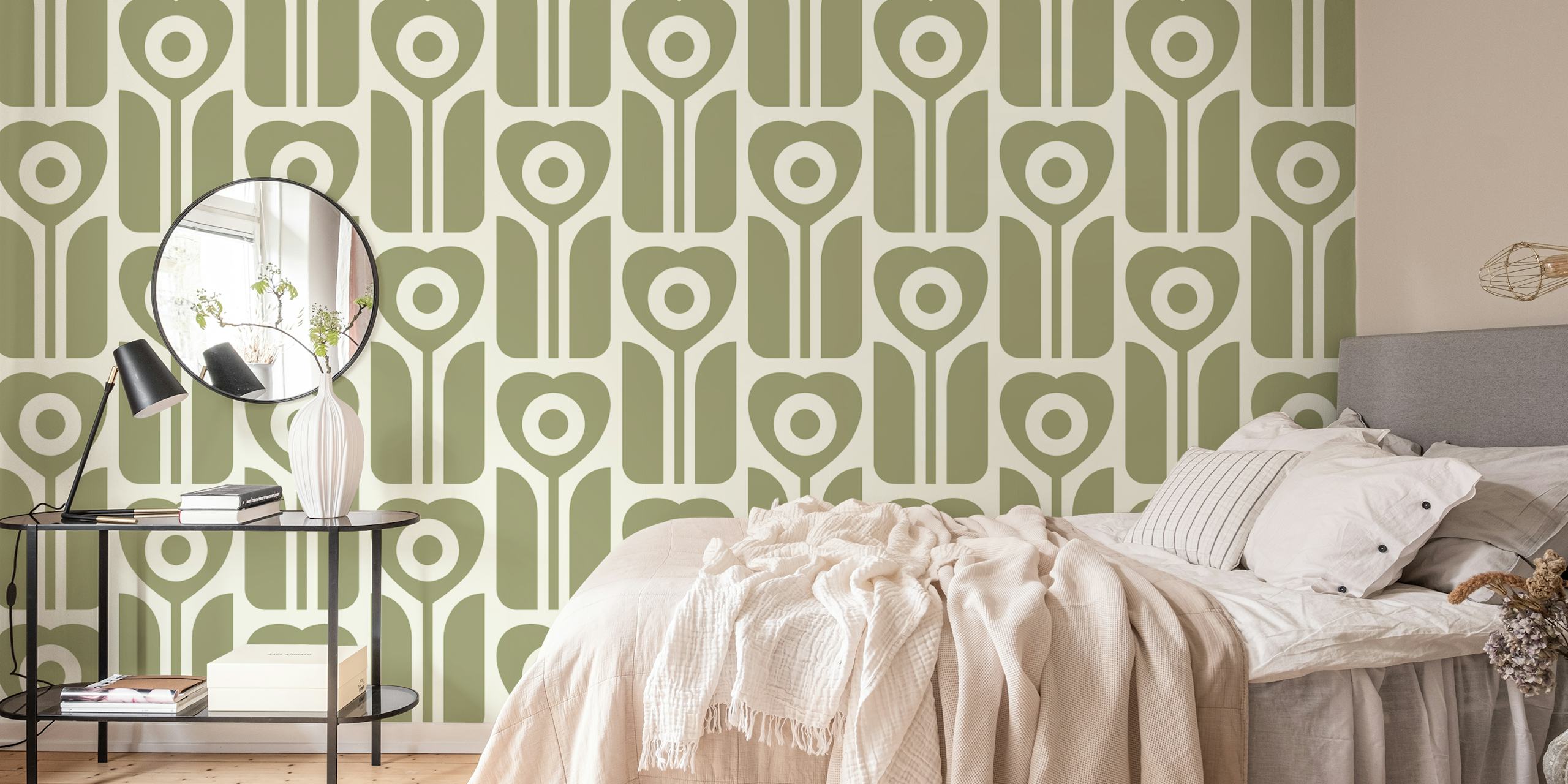 Carta da parati Geometric retro tulips sage in una stanza