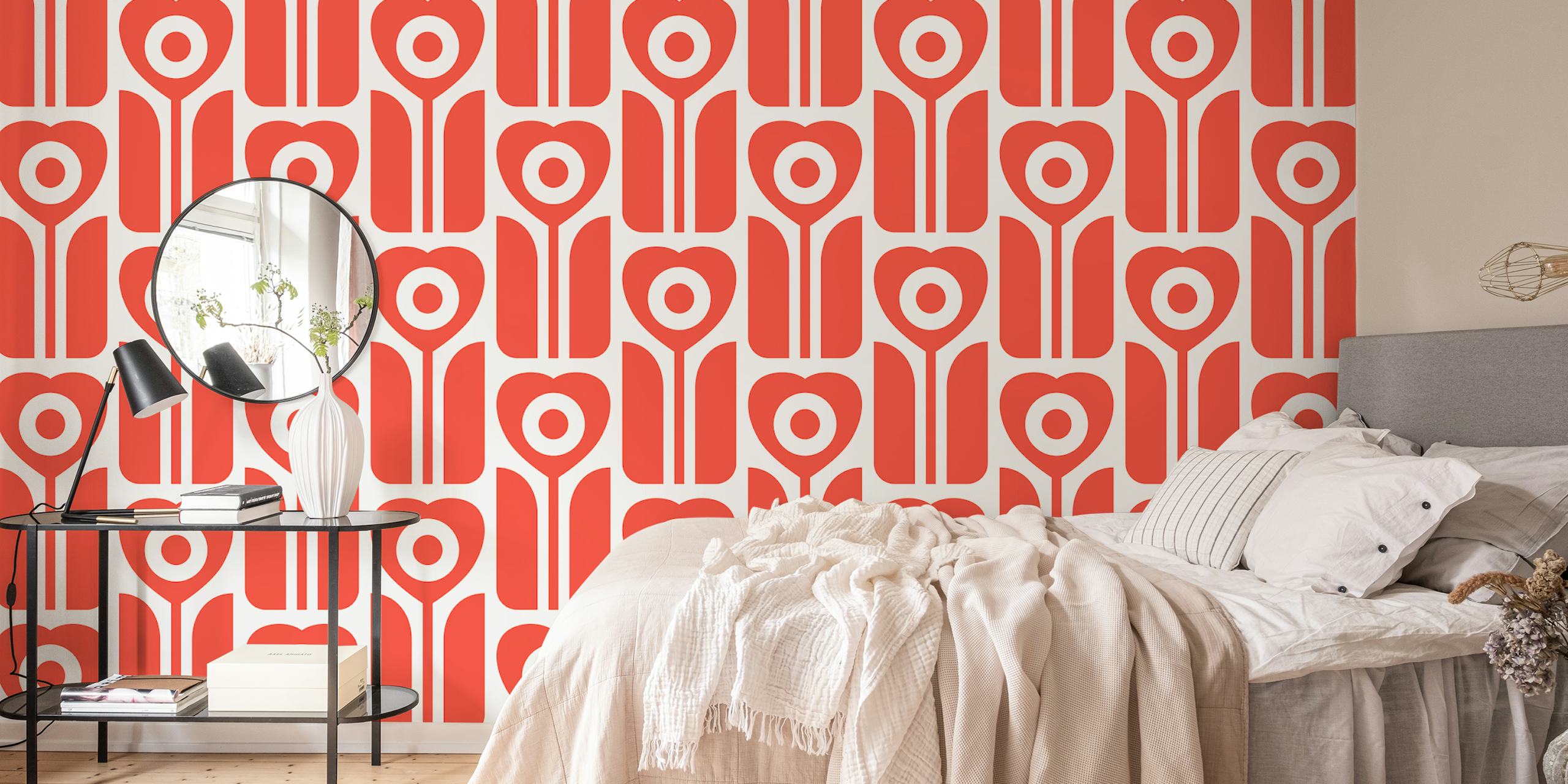 Papel pintado Retro geometric tulips red en una habitación