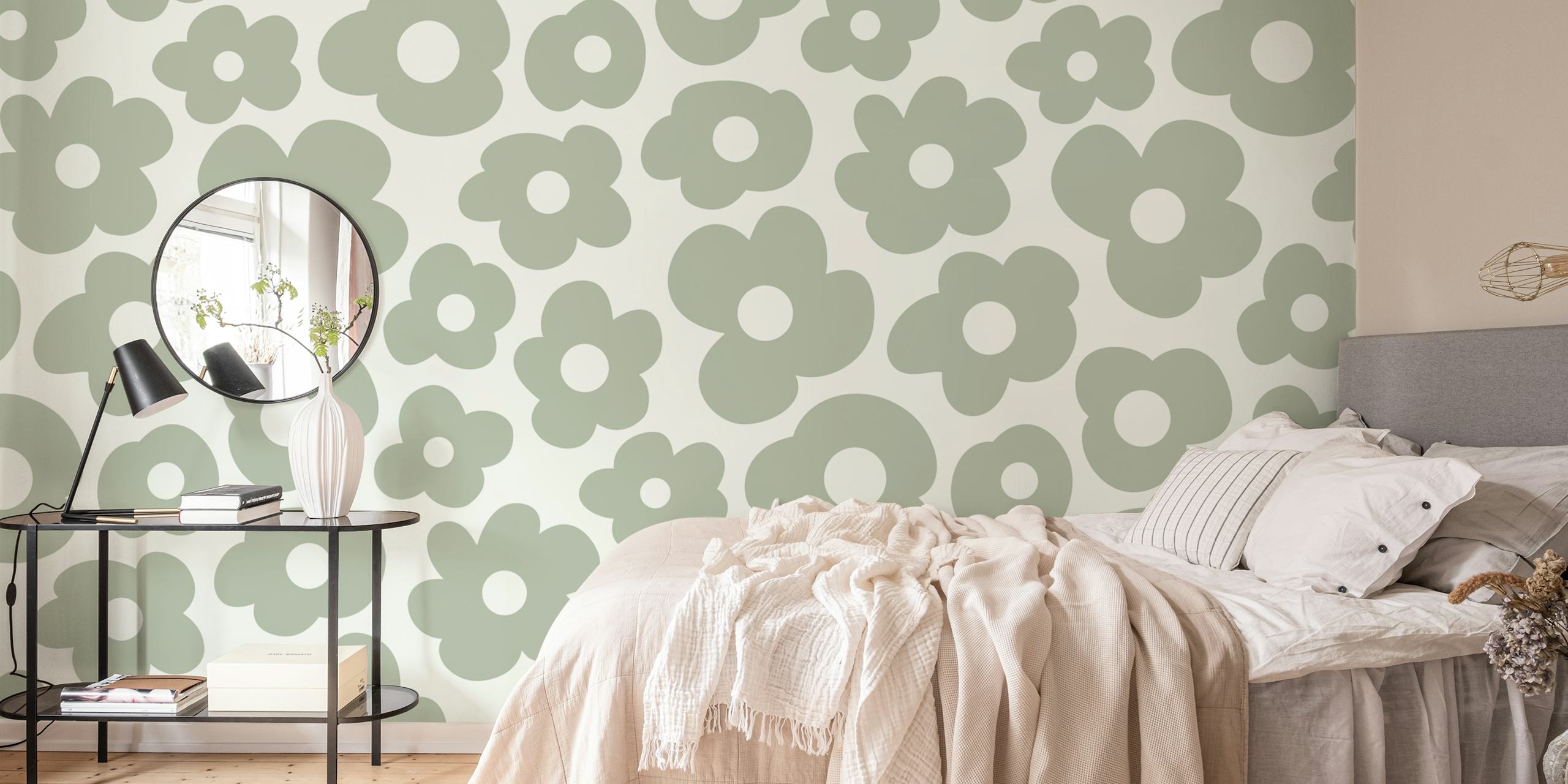 Light Sage Playful Blossoms wallpaper in a room
